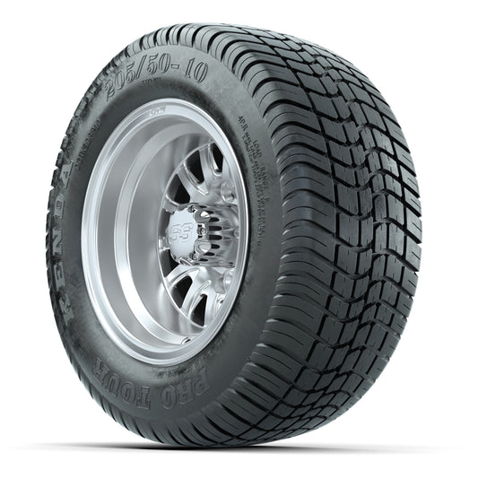 GTW Medusa Silver/Machined 10 in Wheels with 205/50-10 Kenda Pro Tour Street Tires – Full Set