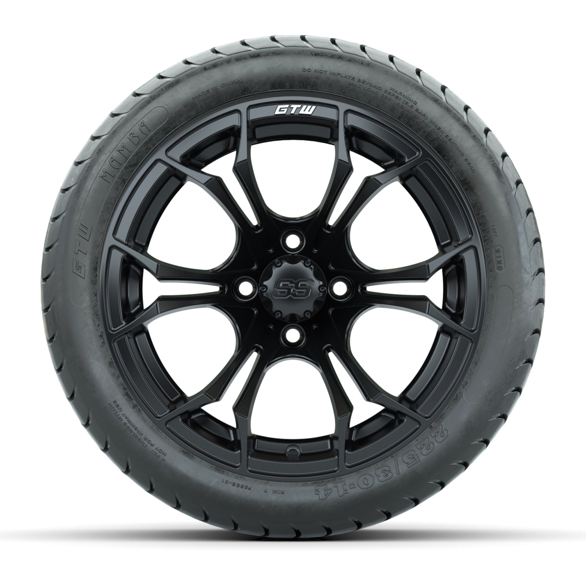 GTW Spyder Matte Black 14 in Wheels with 225/30-14 Mamba Str - 3/4 view