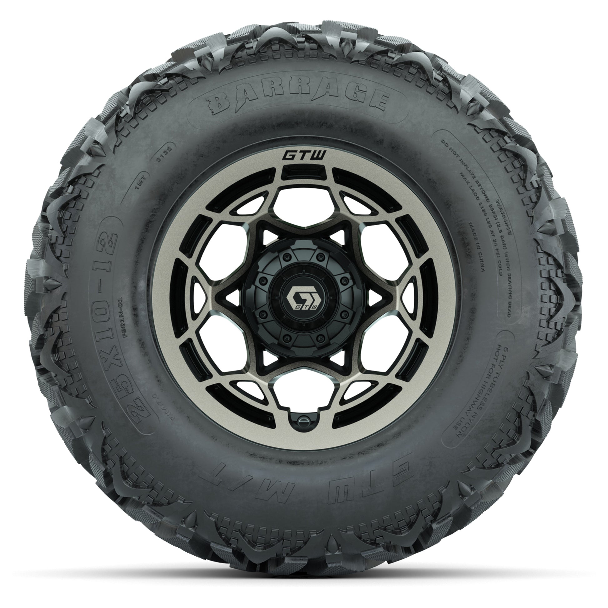 GTW® Nexus Black/Bronze 12 in Wheels with 25X10-12 Barrage Mud Tires – Full Set