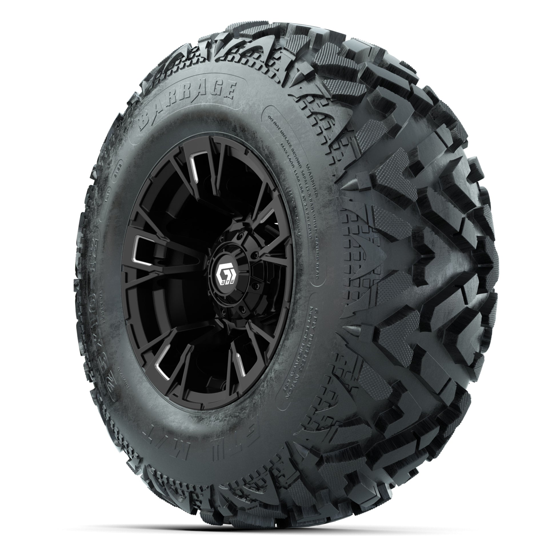 GTW® Vandal Matte Black/Machined 12 in Wheels with 25X10-12 Barrage Mud Tires – Full Set