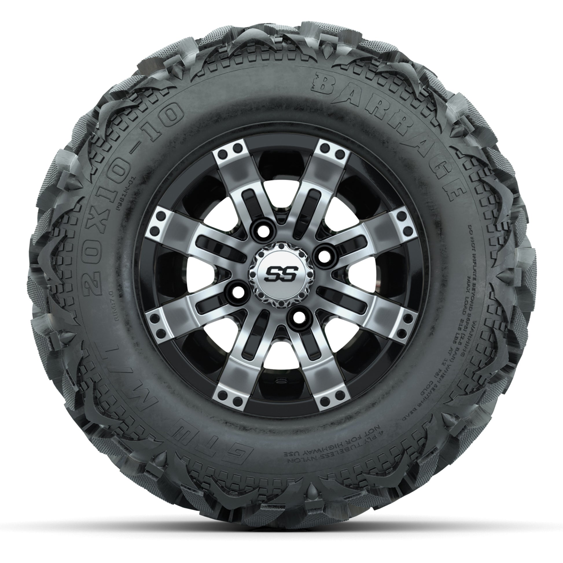 GTW Tempest Black/Machined 10 in Wheels with 20x10-10 Barrage Mud Tires – Full Set
