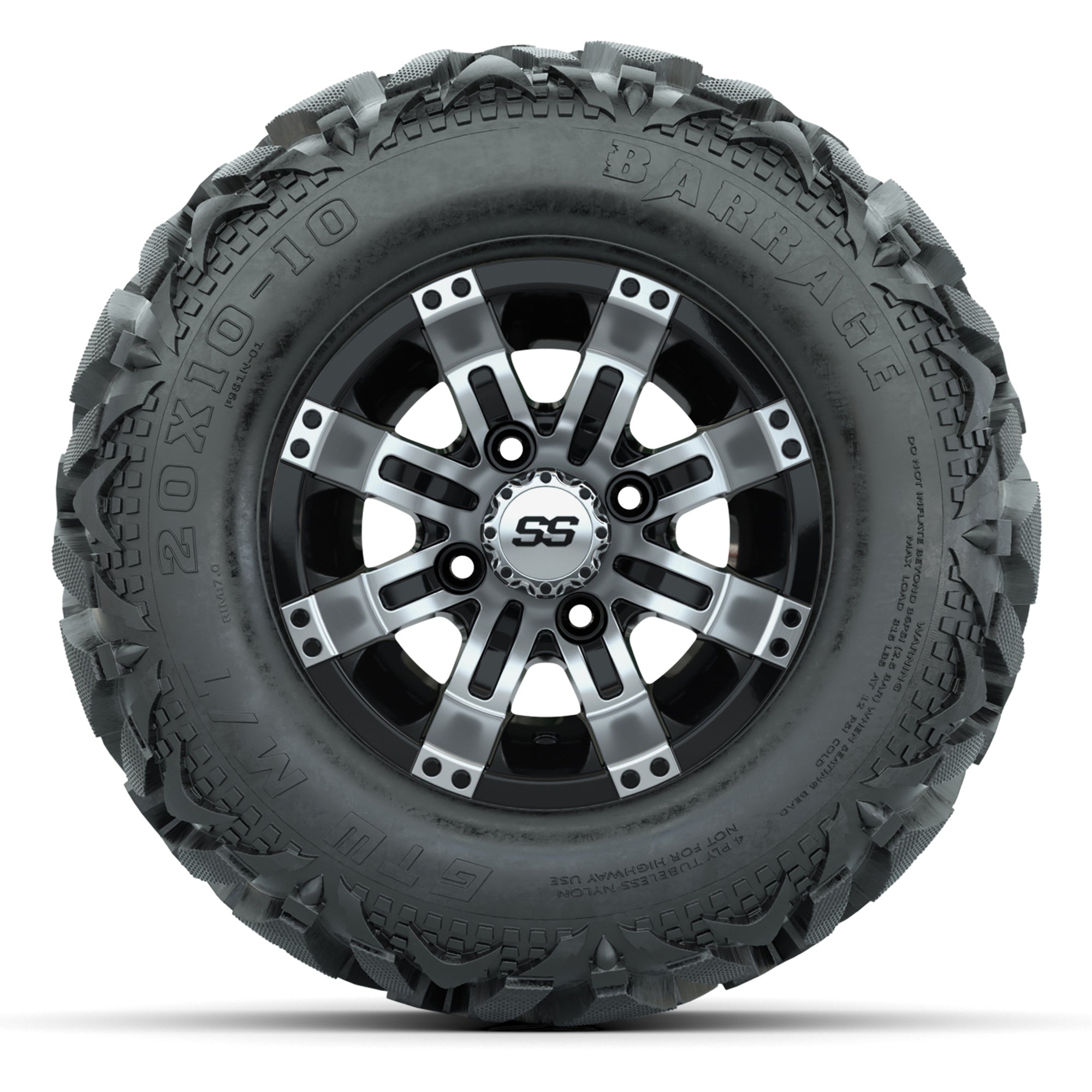 GTW Tempest Black/Machined 10 in Wheels with 20x10-10 Barrage Mud Tires – Full Set