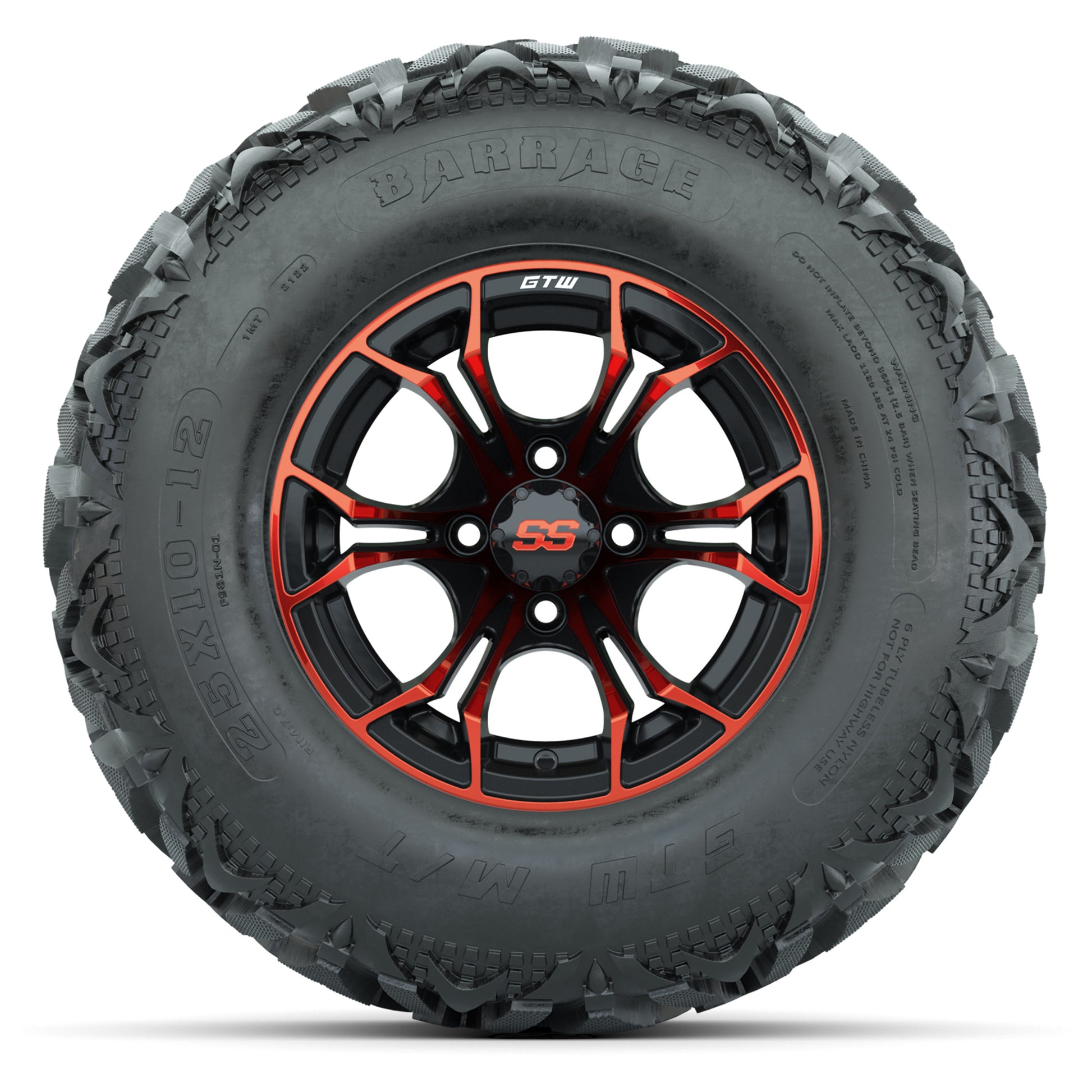 GTW® Spyder Black/Red 12 in Wheels with 25X10-12 Barrage Mud Tires – Full Set
