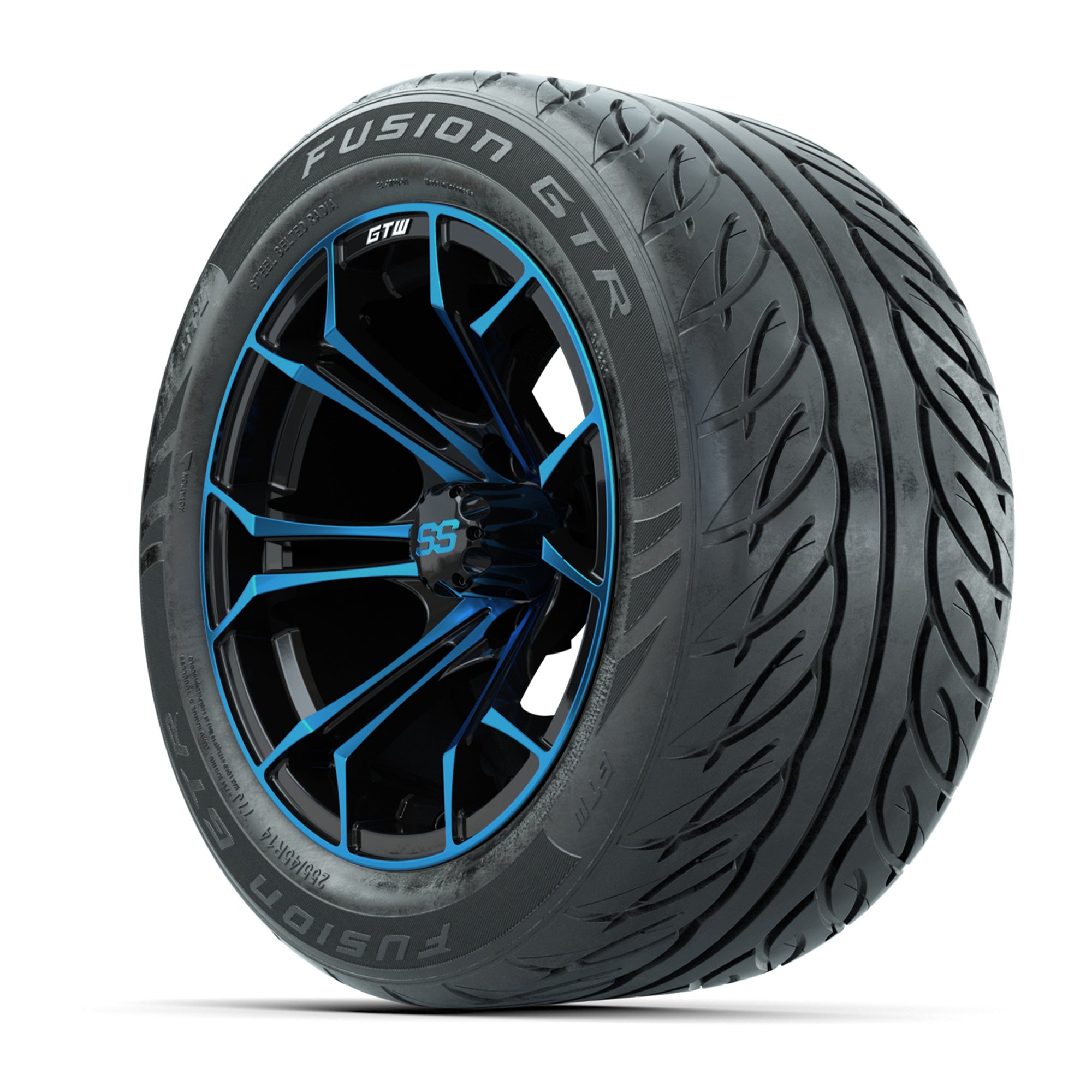 GTW® Spyder Black/Blue 14 in Wheels with 255/45-R14 Fusion G - 3/4 view