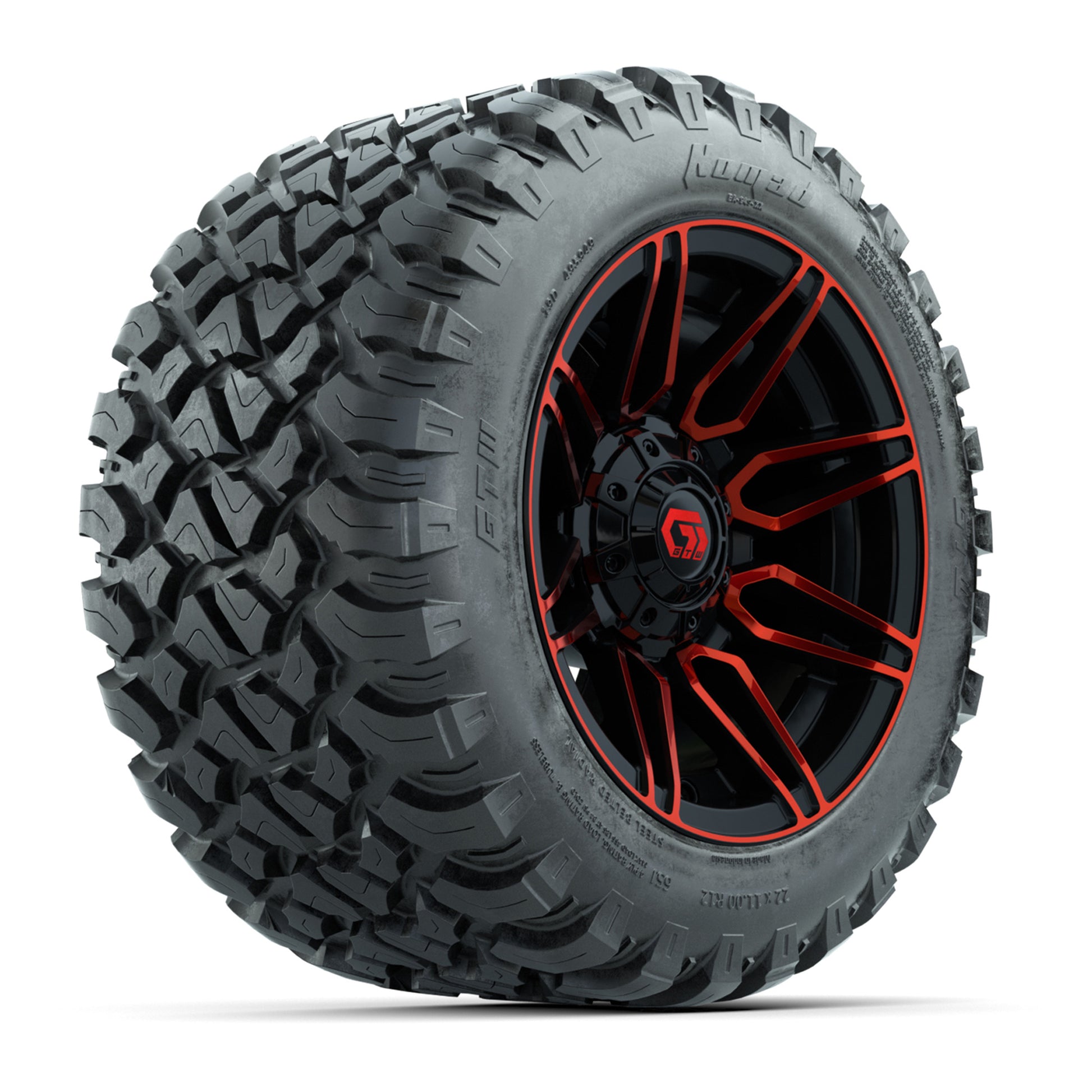 GTW® Stealth Red/Machined 12 in Wheels with 22X11-R12 Nomad Steel Belt Radial All-Terrain Tires – Full Set