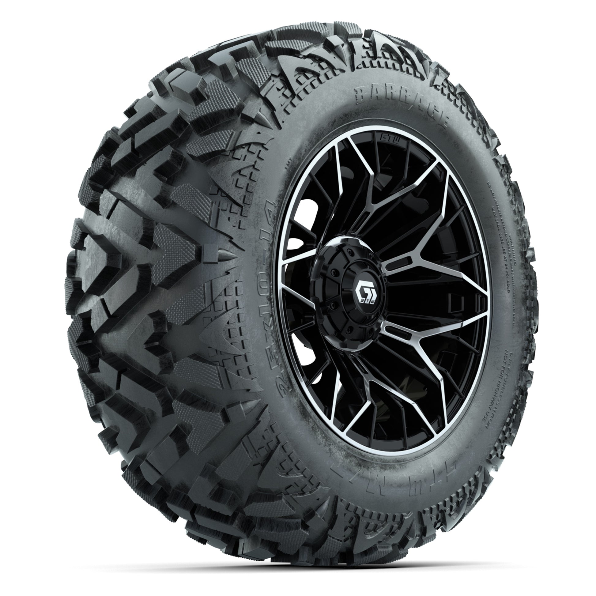 GTW Stellar Black/Machined 14 in Wheels with 25x10-14 Barrage Mud Tires – Full Set