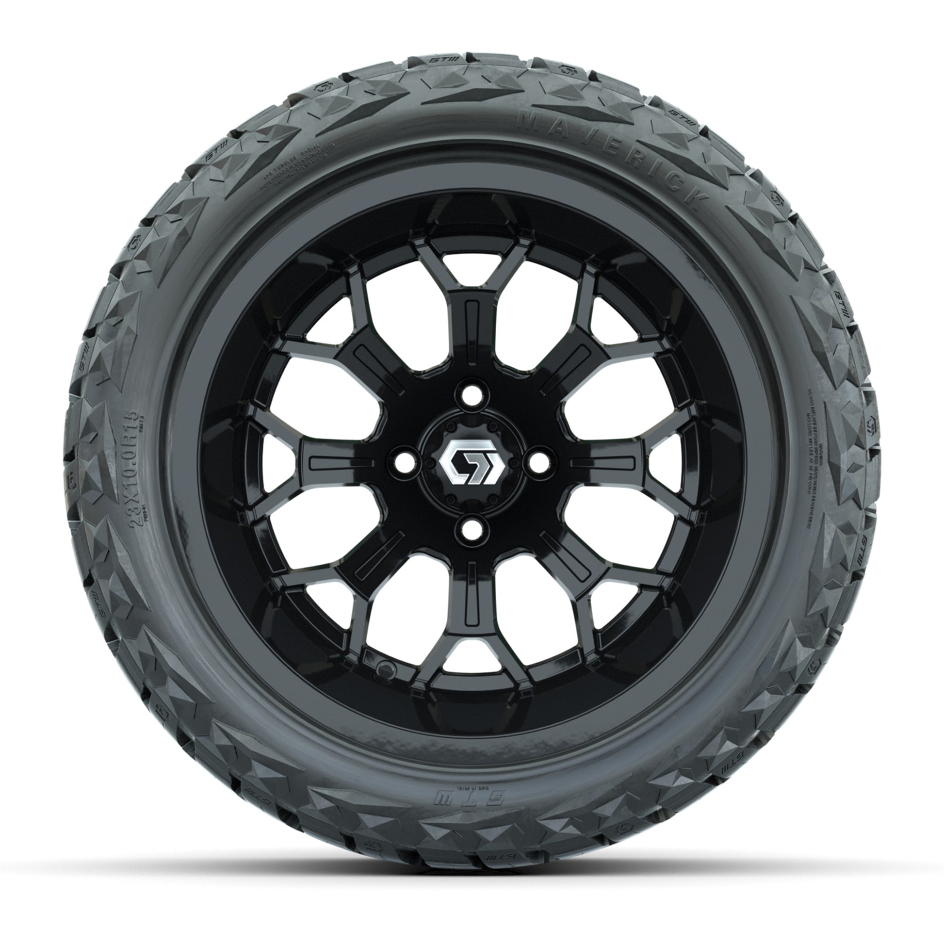 GTW Assault Gloss Black 15 in Wheels with 23X10-R15 Maverick Steel Belted Radial All-Terrain Tires – Full Set