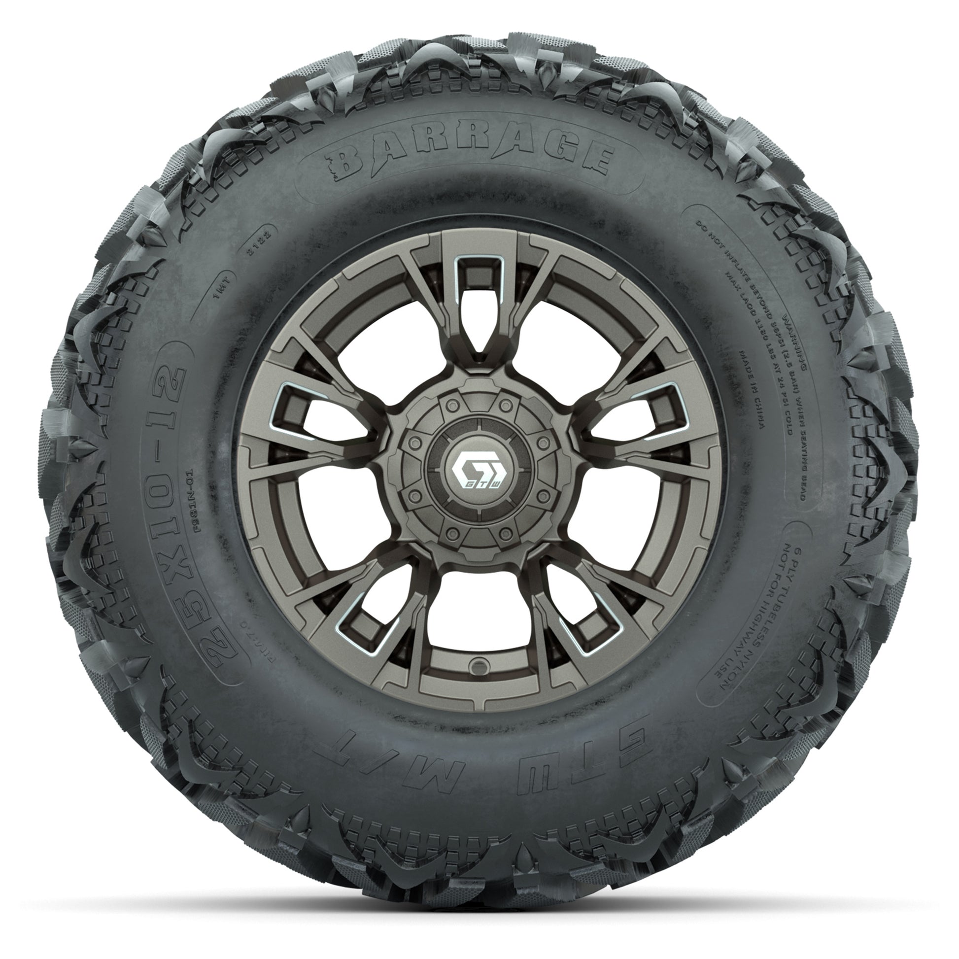 GTW® Vandal Bronze/Machined 12 in Wheels with 25X10-12 Barrage Mud Tires – Full Set