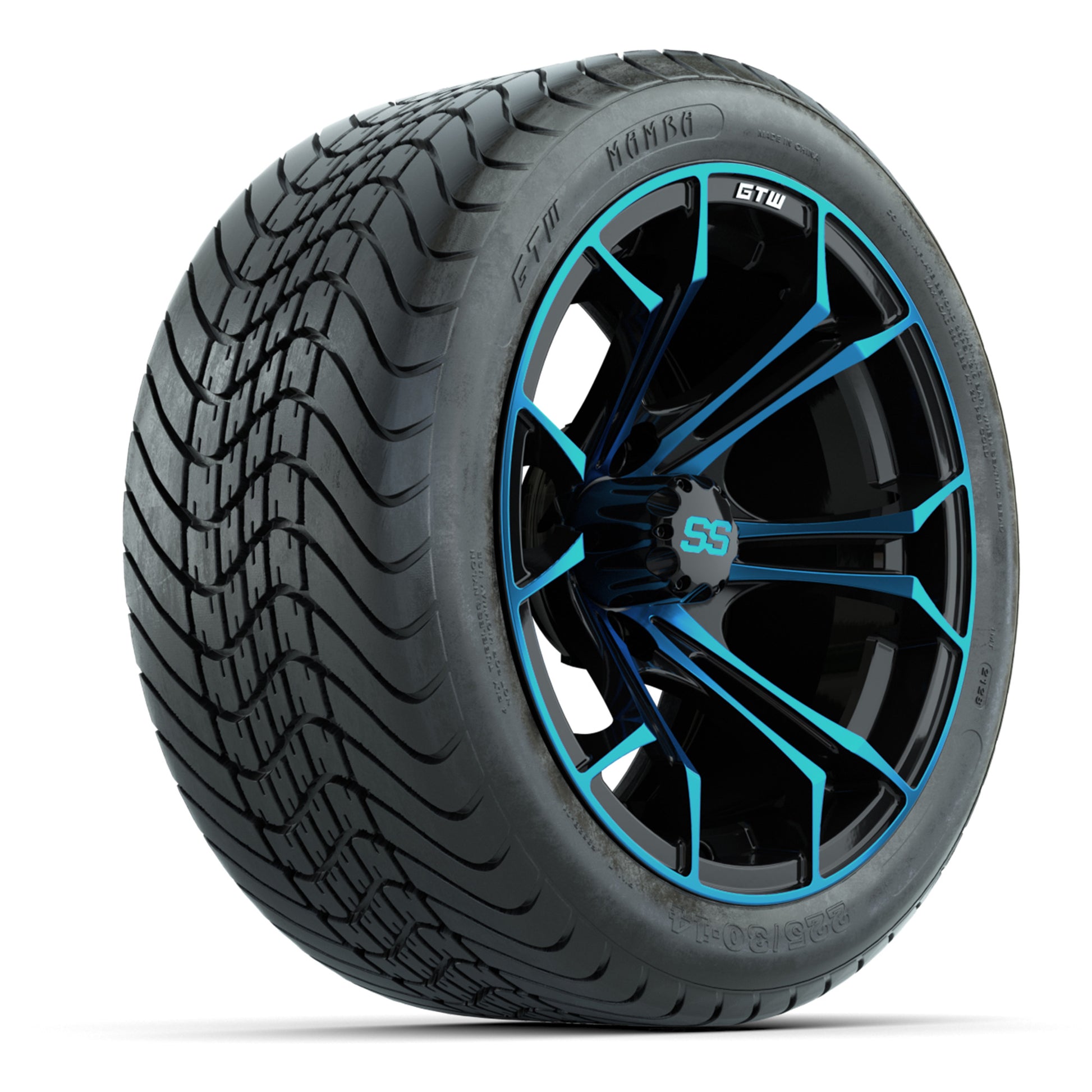 GTW Spyder Black/Blue 14 in Wheels with 225/30-14 Mamba Street Tires – Full Set