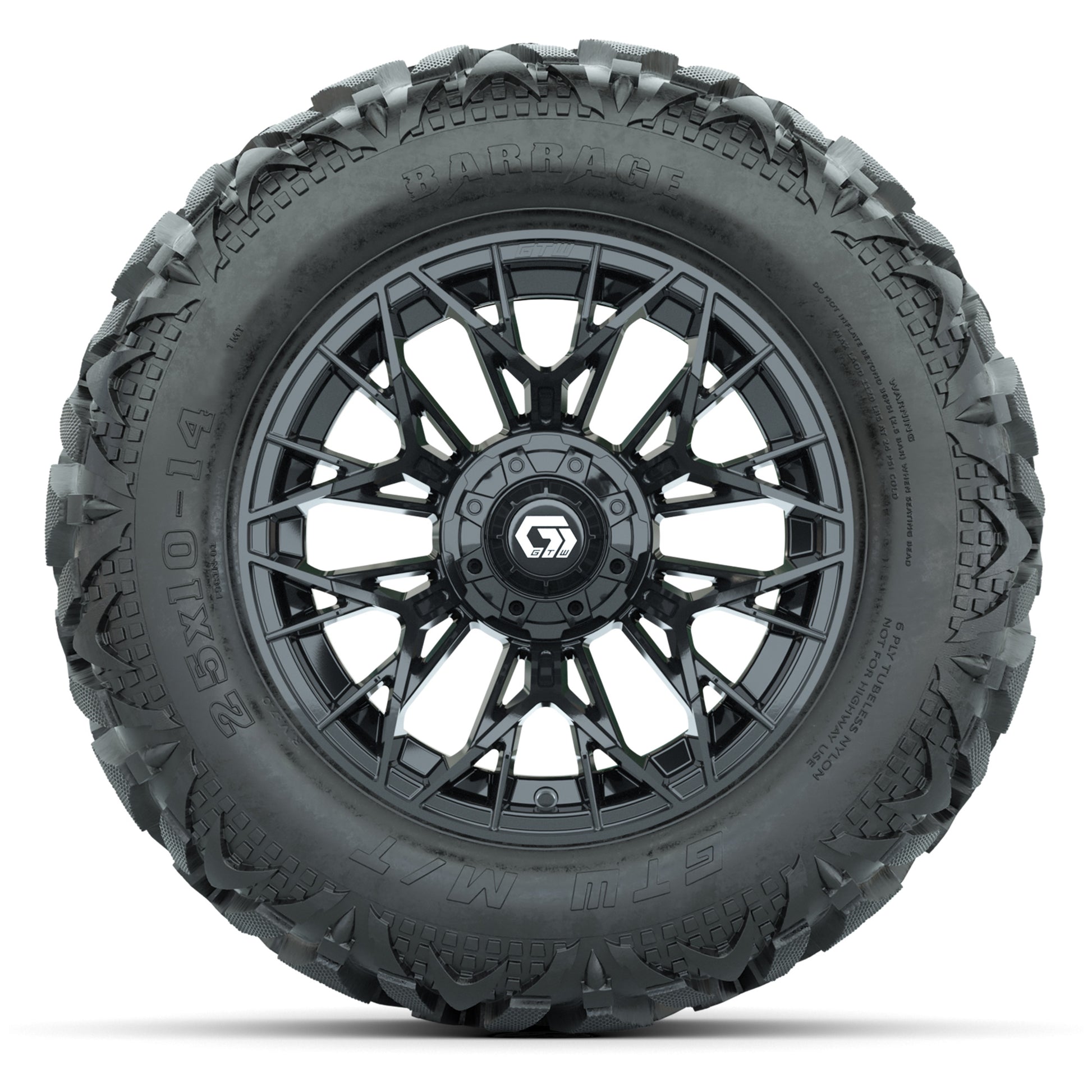 GTW Stellar Black 14 in Wheels with 25x10-14 Barrage Mud Tir - front view