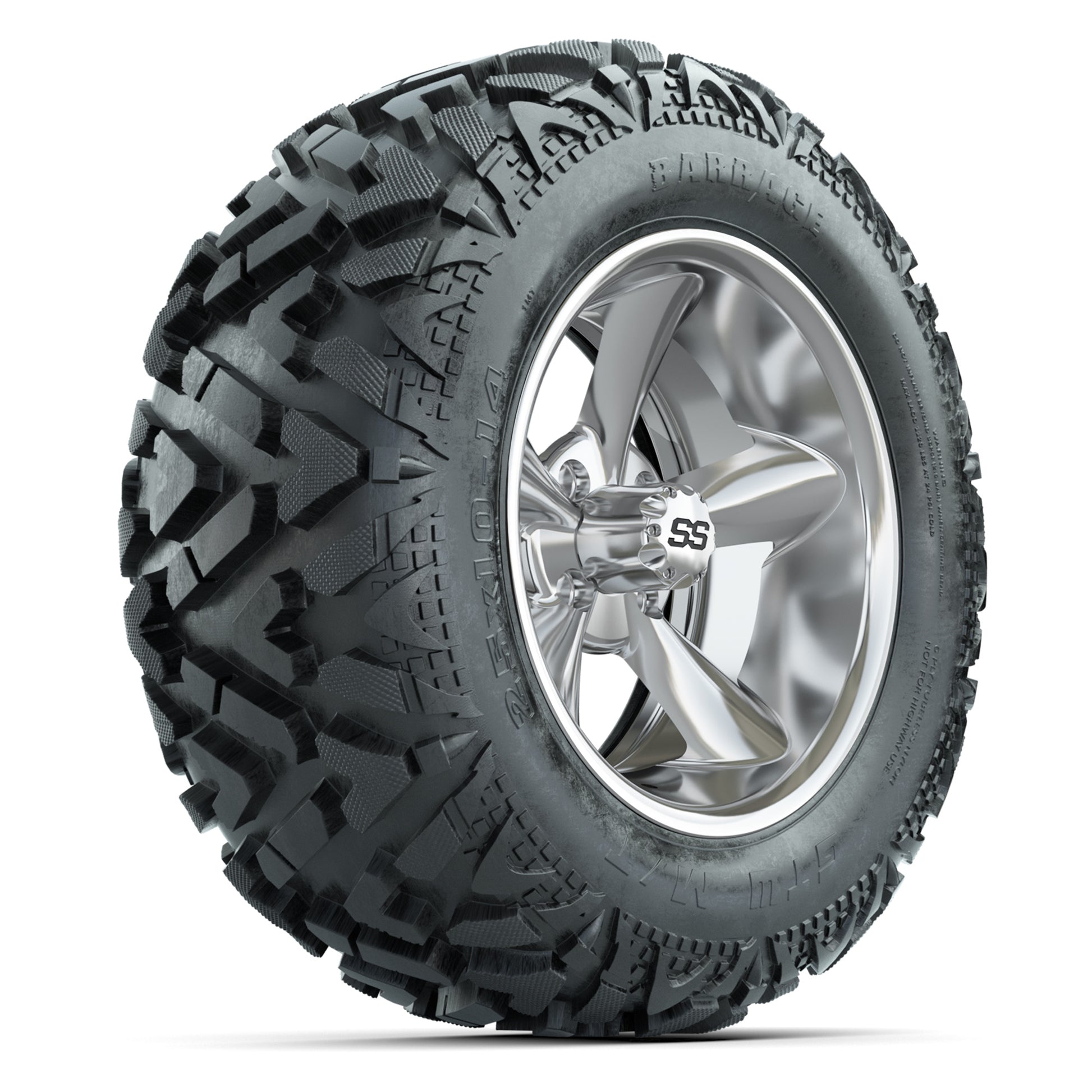 GTW Godfather Chrome 14 in Wheels with 25x10-14 Barrage Mud Tires – Full Set