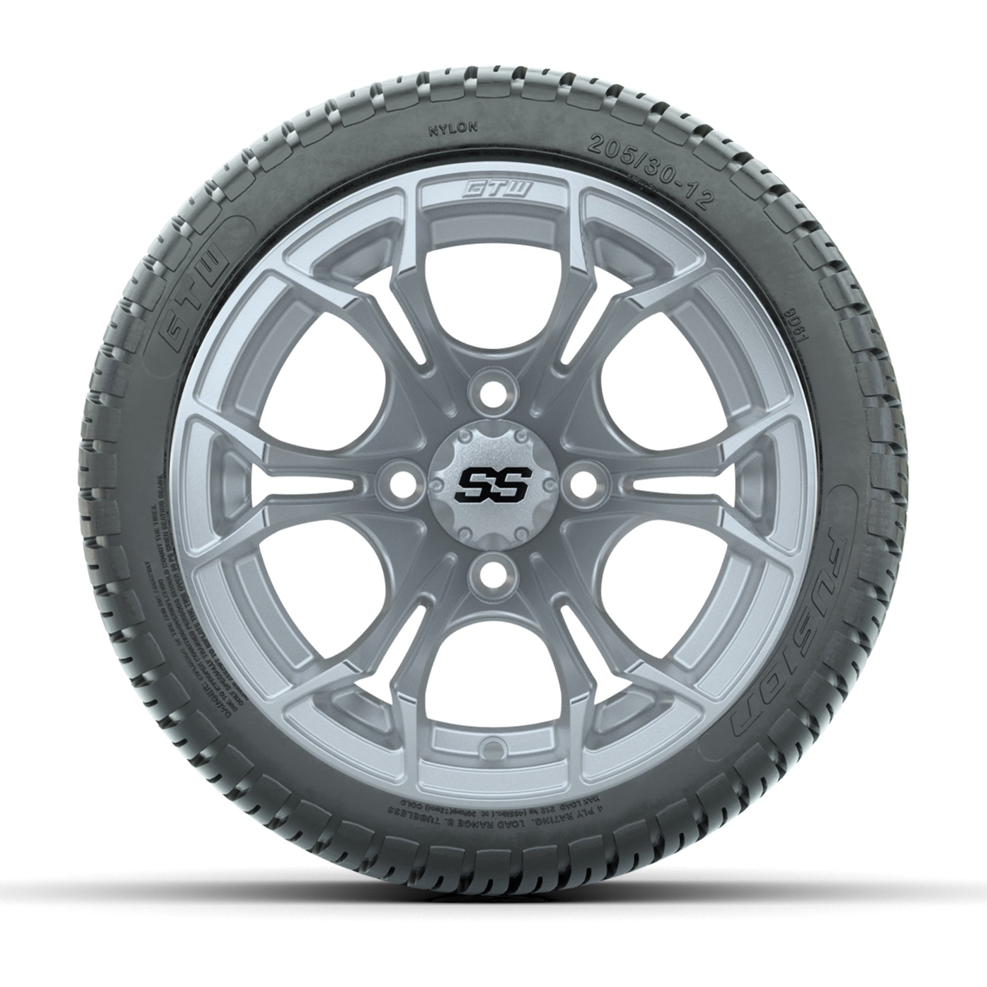 GTW® Spyder Silver Brush 12 in Wheels with 205/30-12 Fusion Street Tires – Full Set