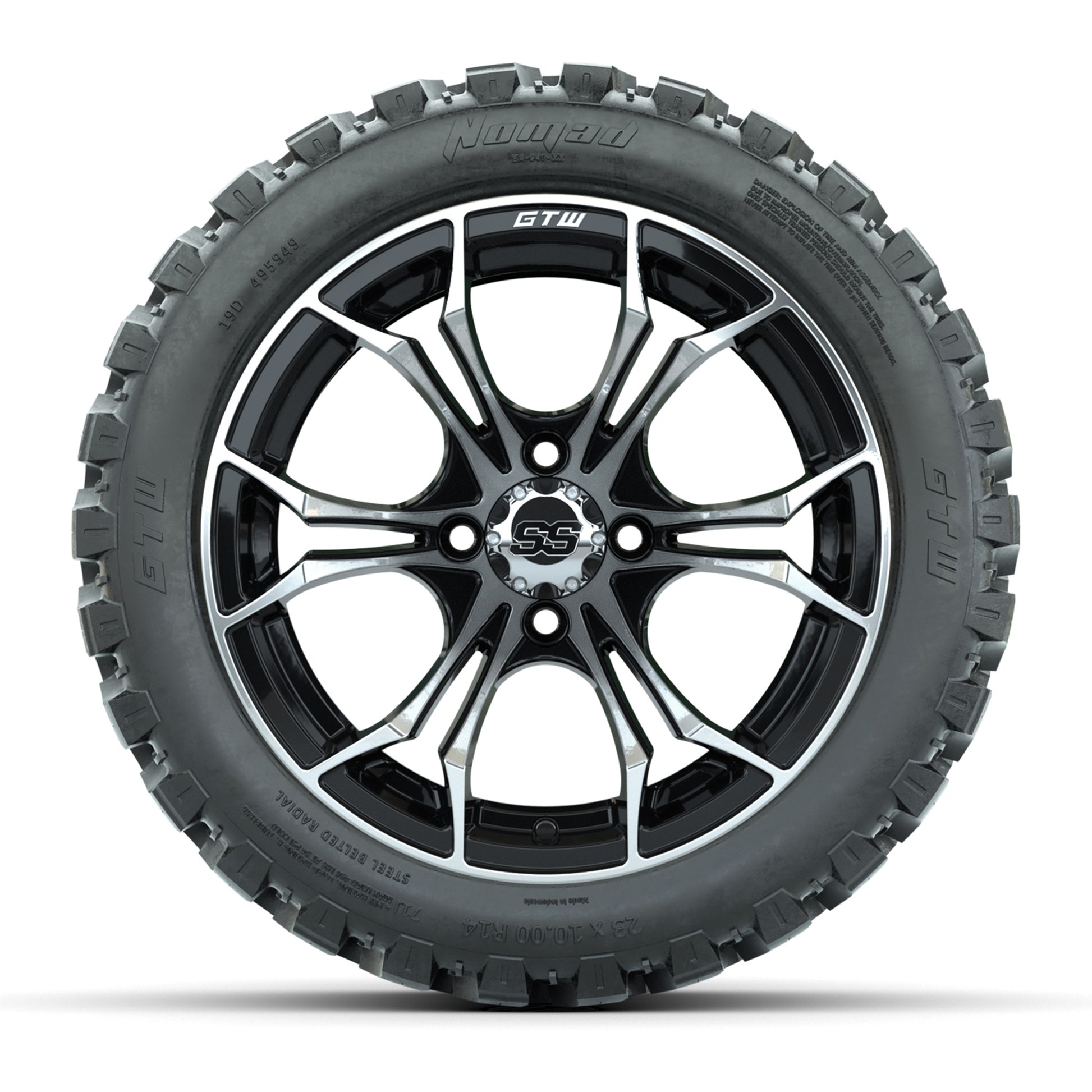GTW Spyder Machined/Black 14 in Wheels with 23x10-14 GTW Nom - front view
