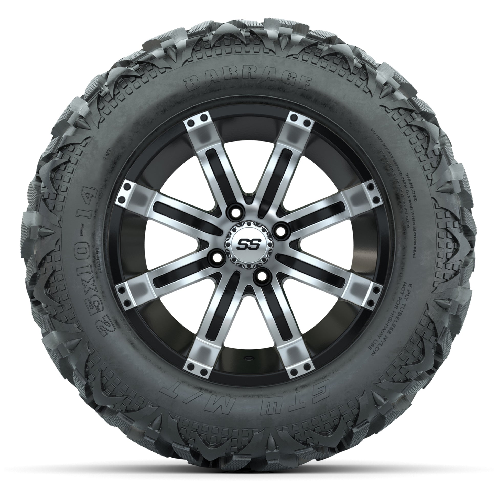 GTW Tempest Black/Machined 14 in Wheels with 25x10-14 Barrag - front view