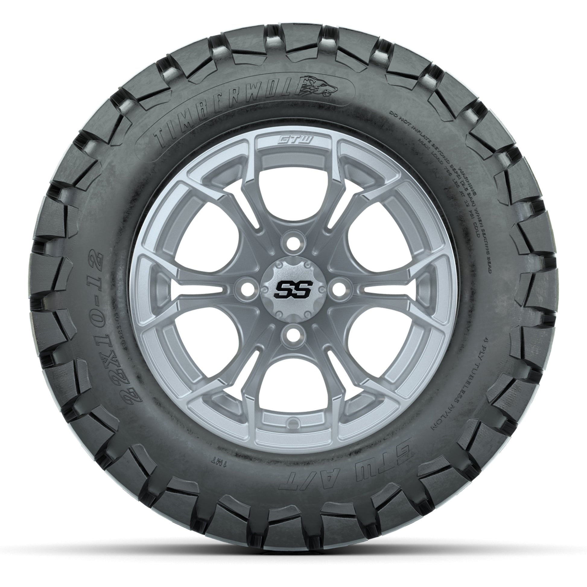 GTW® Spyder Silver Brush 12 in Wheels with 22X10-12 Timberwolf All-Terrain Tires – Full Set