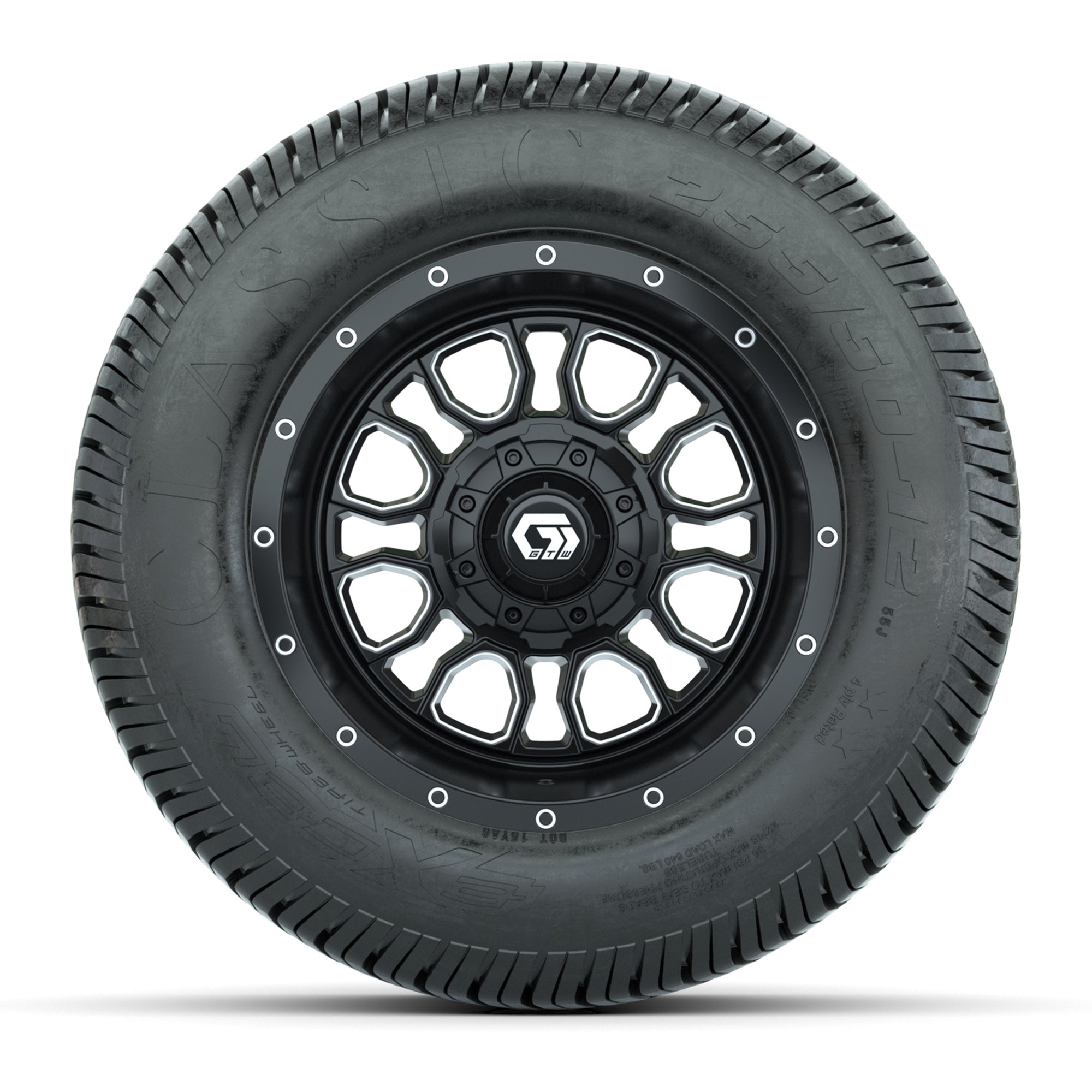 GTW® Volt Black/Machined 12 in Wheels with 255/50-12 Excel Classic Street Tires – Full Set
