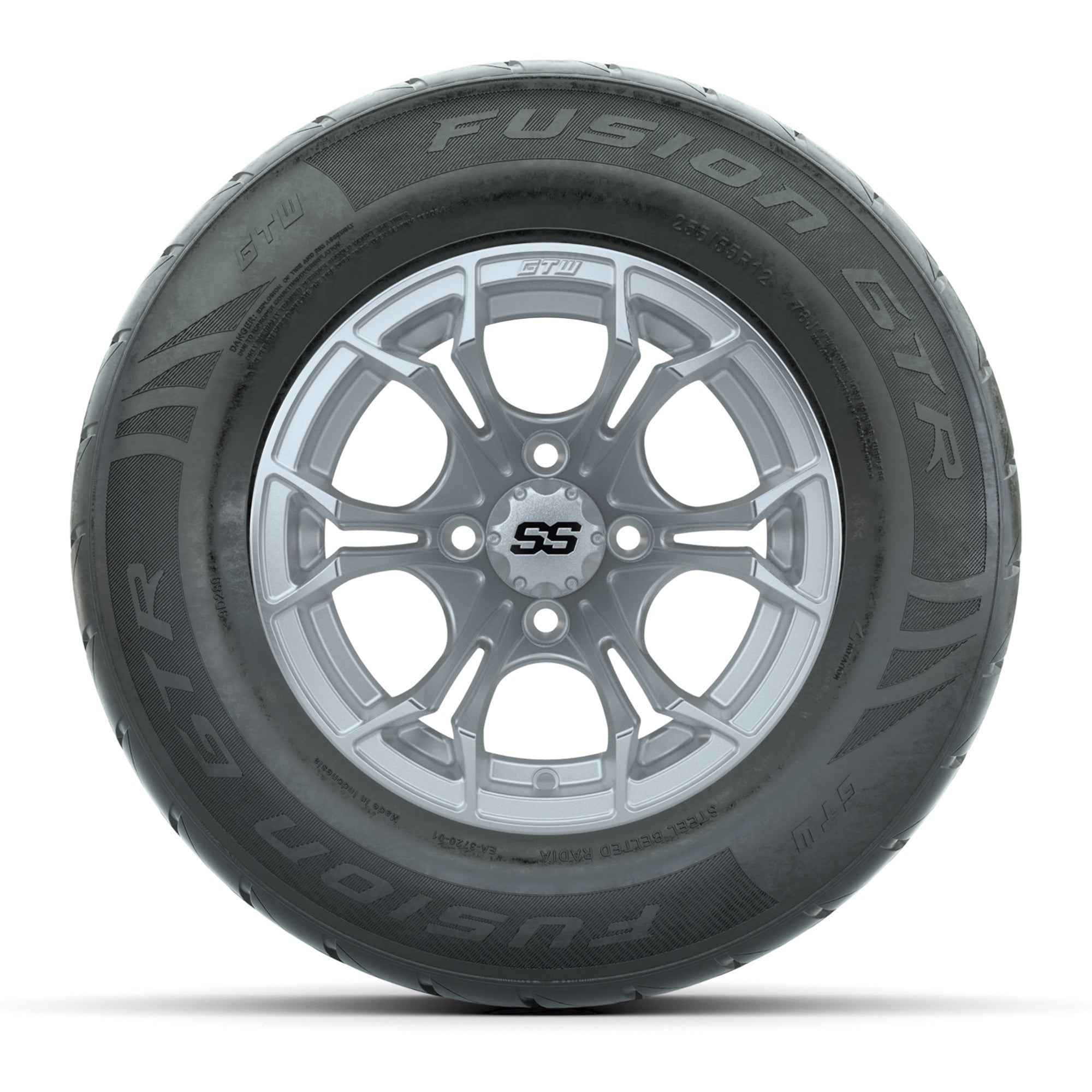 GTW® Spyder Silver Brush 12 in Wheels with 255/55-R12 Fusion GTR Steel Belt Radial Street Tires – Full Set