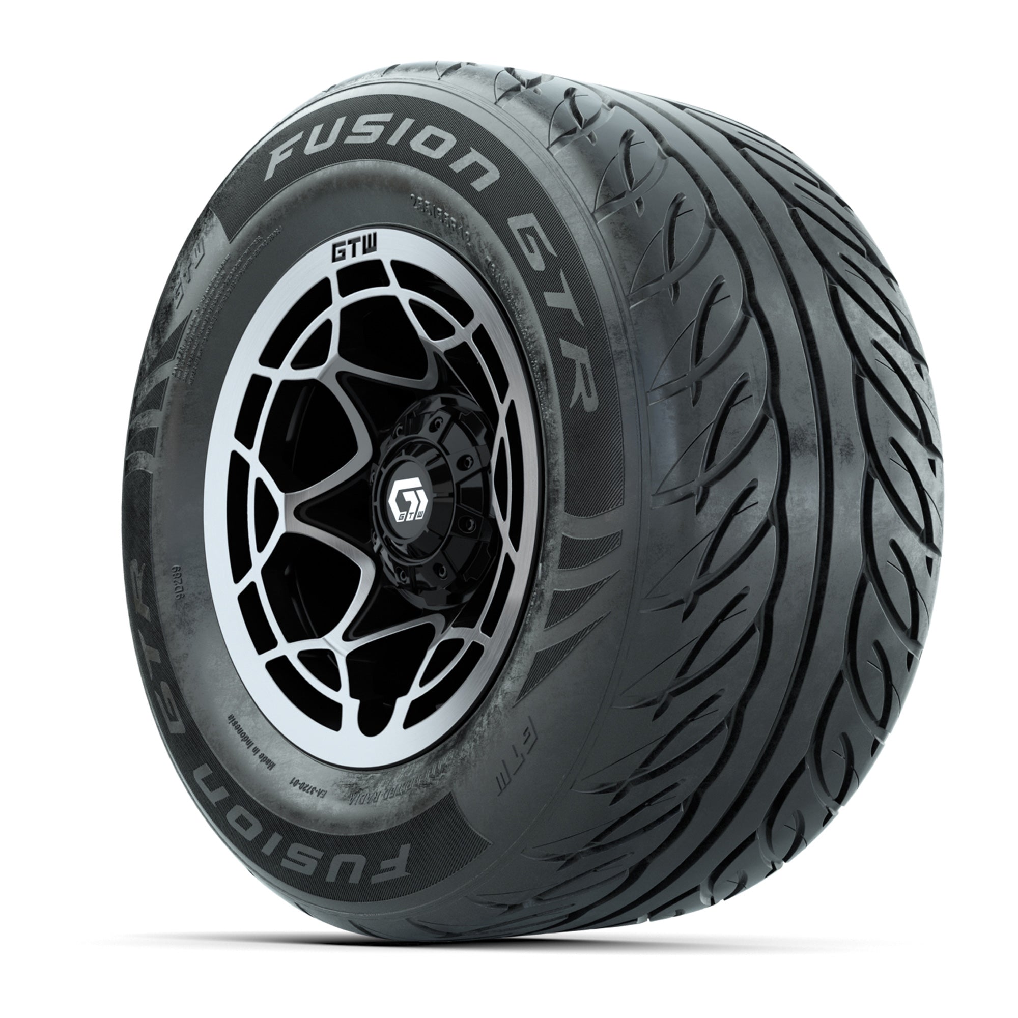 GTW® Nexus Black with Silver Face 12 in Wheels with 255/55-R12 Fusion GTR Steel Belt Radial Street Tires – Full Set