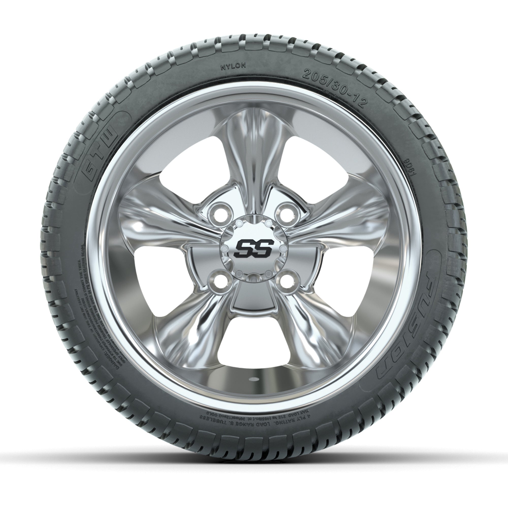 GTW® Godfather Chrome 12 in Wheels with 205/30-12 Fusion Street Tires – Full Set