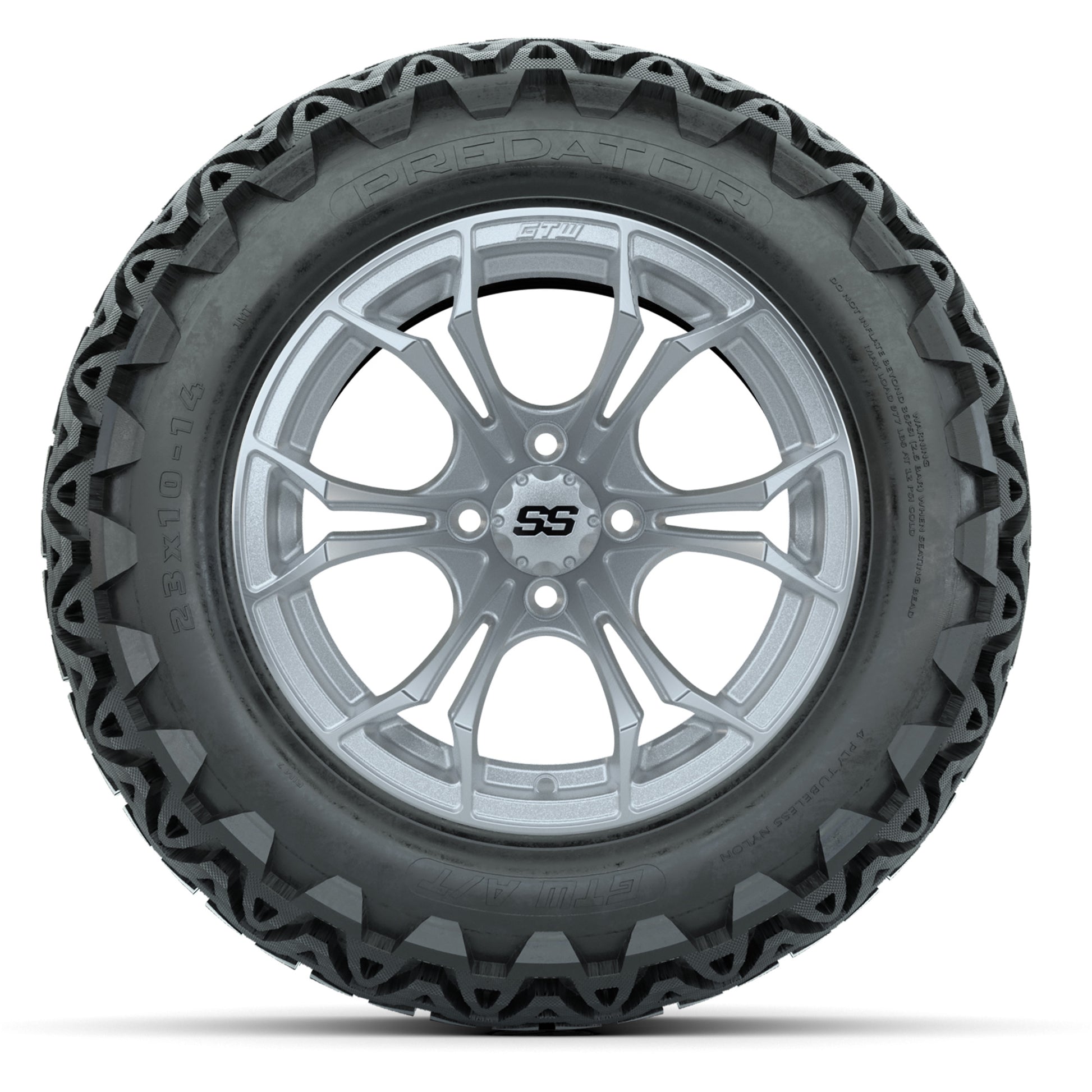 GTW Spyder Silver Brush 14 in Wheels with 23X10-14 Predator  - front view