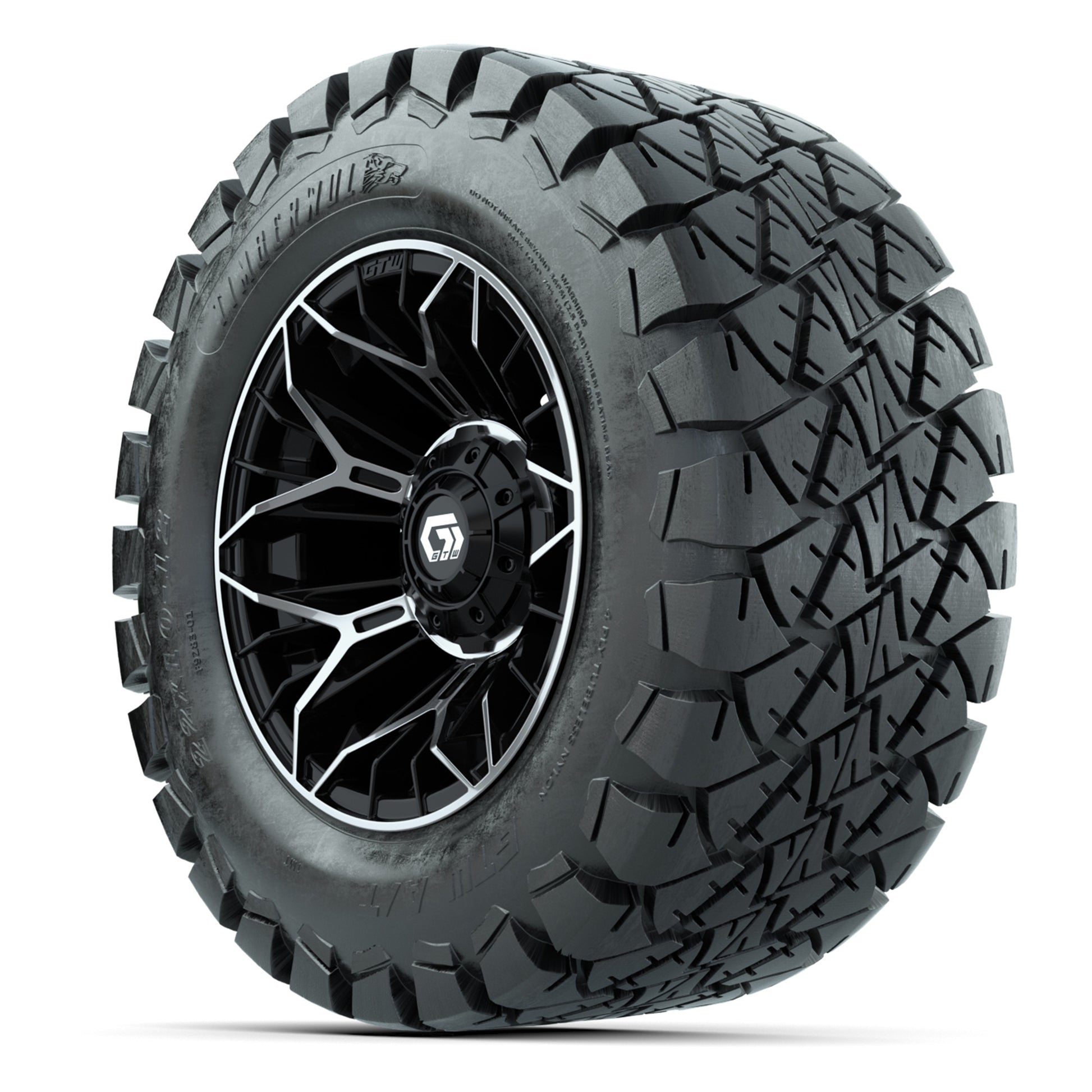 GTW® Stellar Black/Machined 12 in Wheels with 22X10-12 Timberwolf All-Terrain Tires – Full Set
