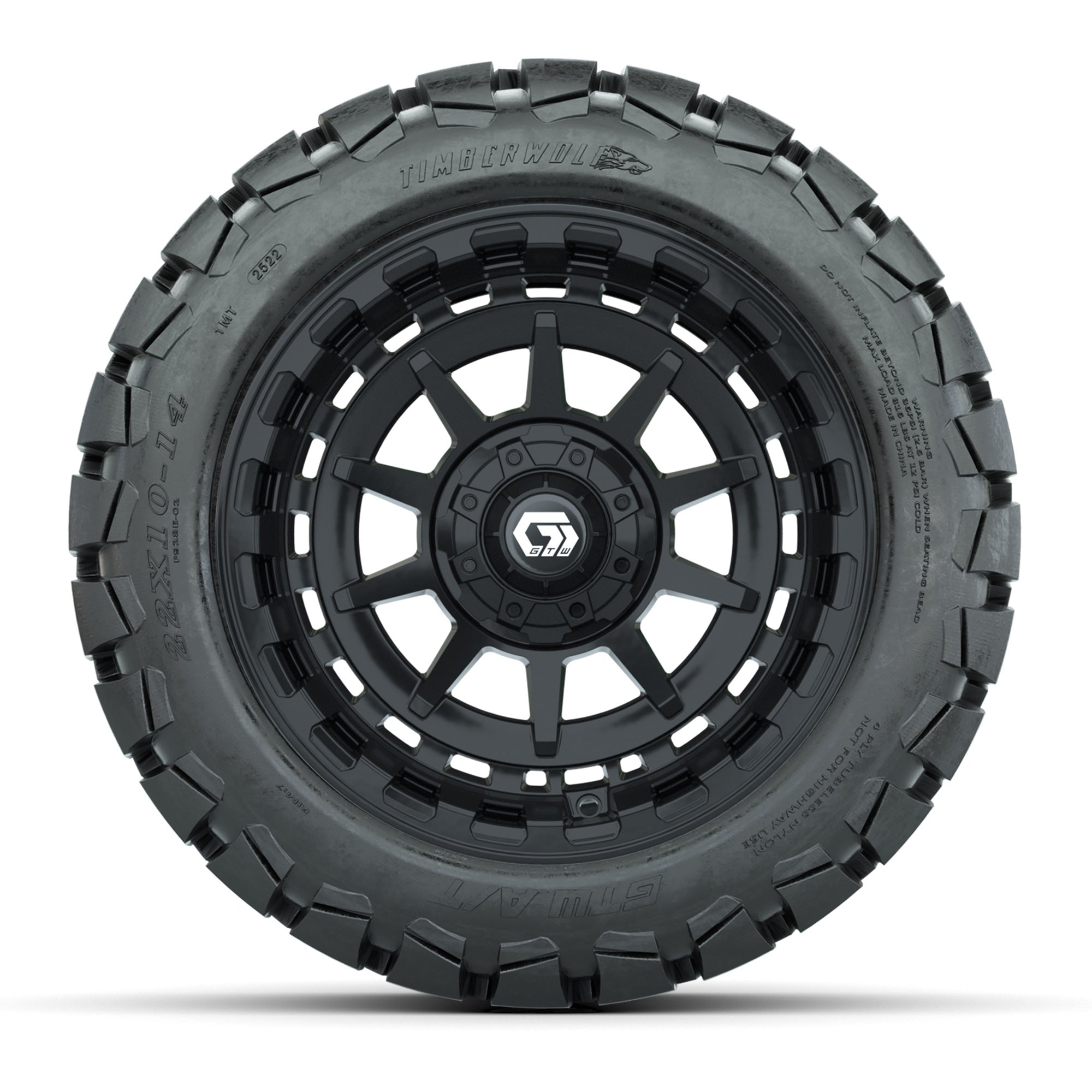 GTW® Barricade Gloss Black 14 in Wheels with 22x10-14 Timber - 3/4 view