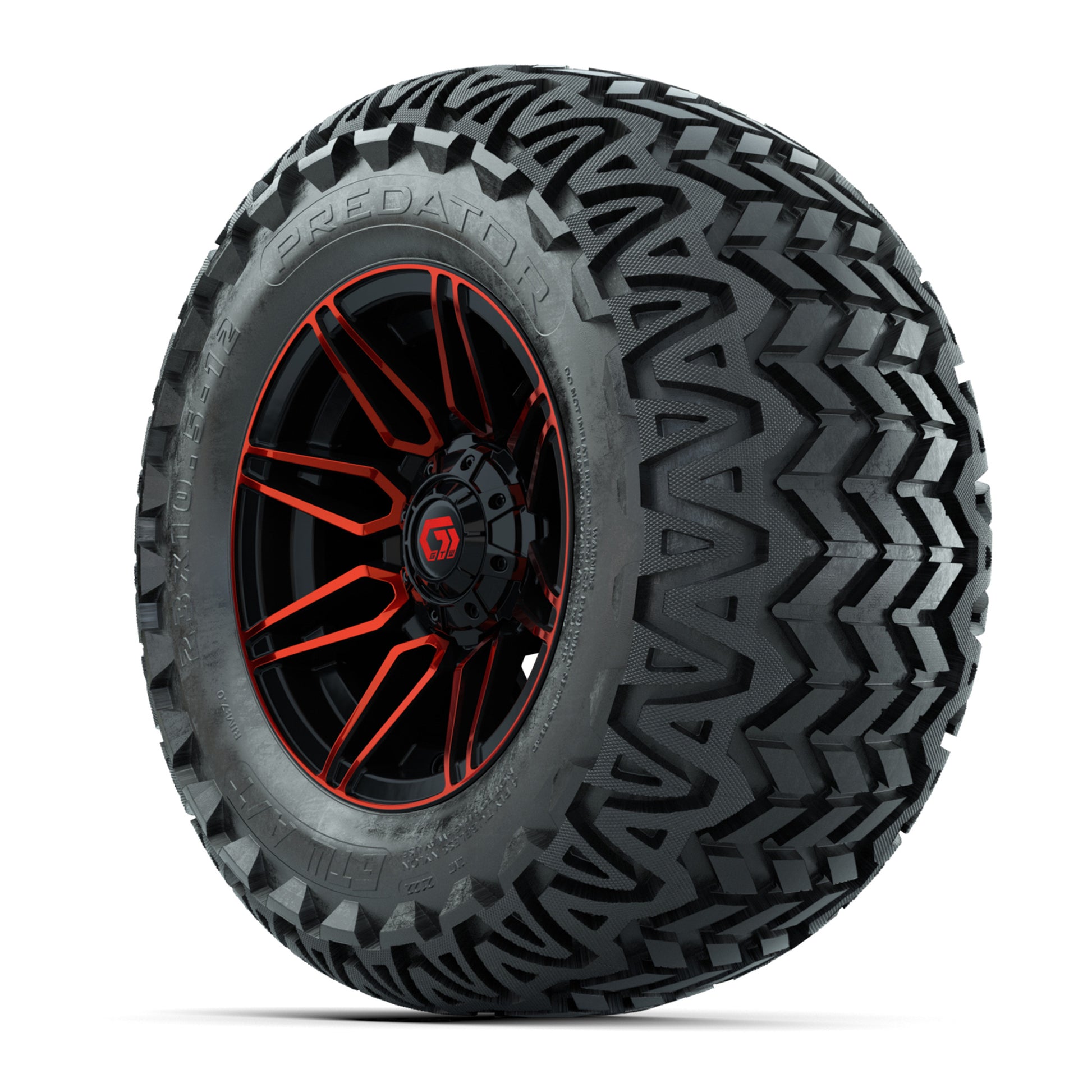 GTW® Stealth Red/Machined 12 in Wheels with 23X10.5-12 Predator All-Terrain Tires – Full Set