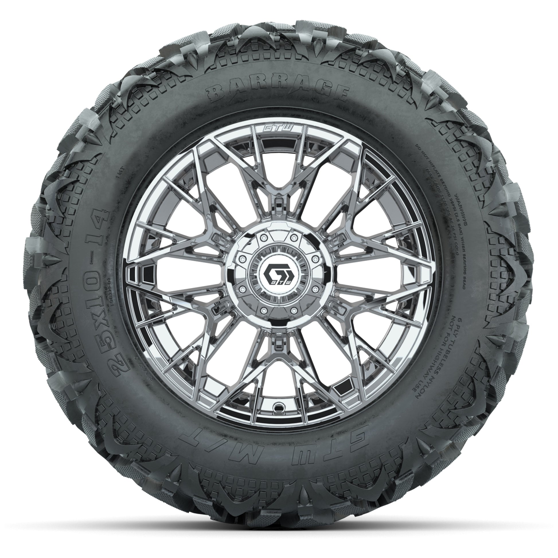 GTW Stellar Chrome 14 in Wheels with 25x10-14 Barrage Mud Ti - front view