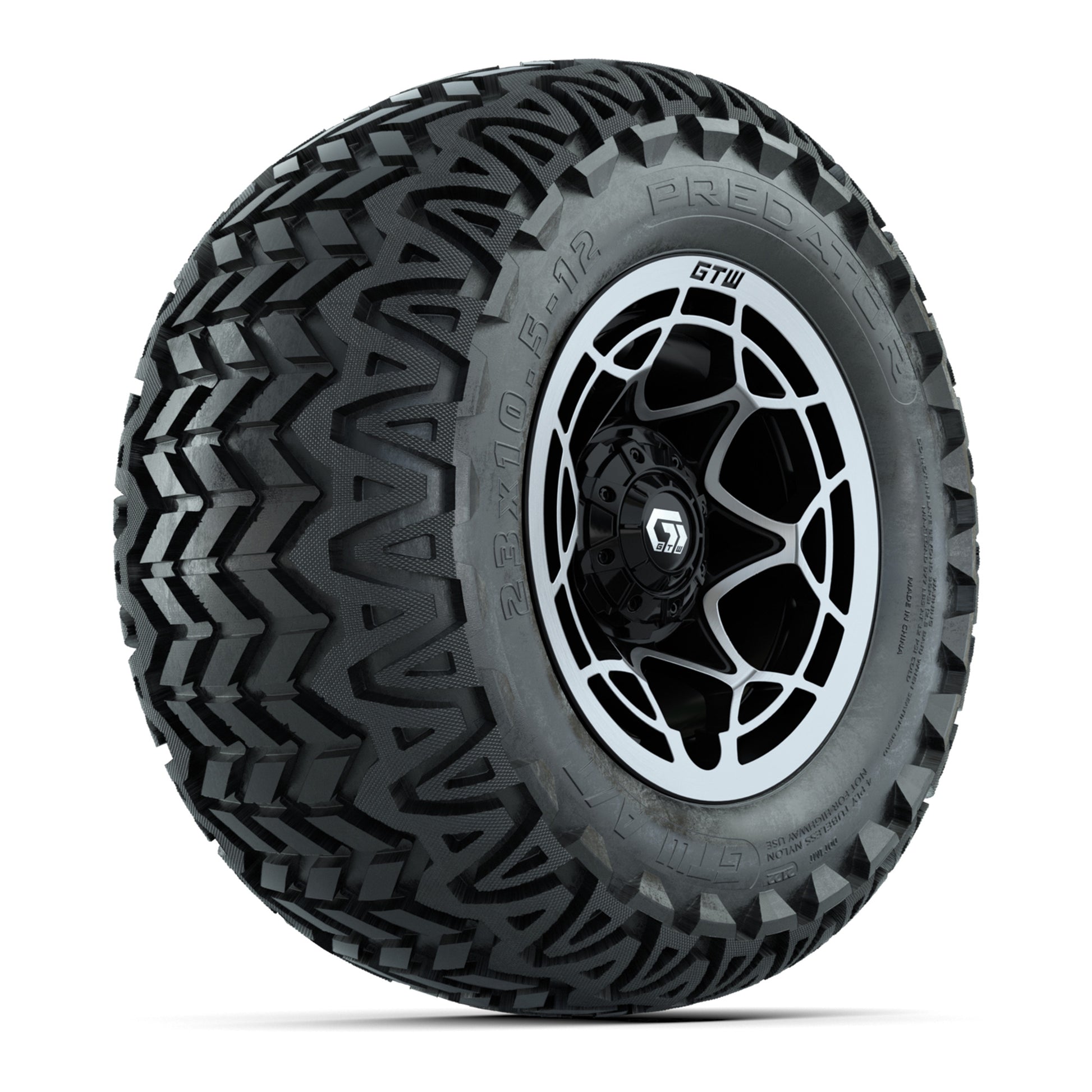 GTW® Nexus Black/Silver 12 in Wheels with 23X10.5-12 Predator All-Terrain Tires – Full Set