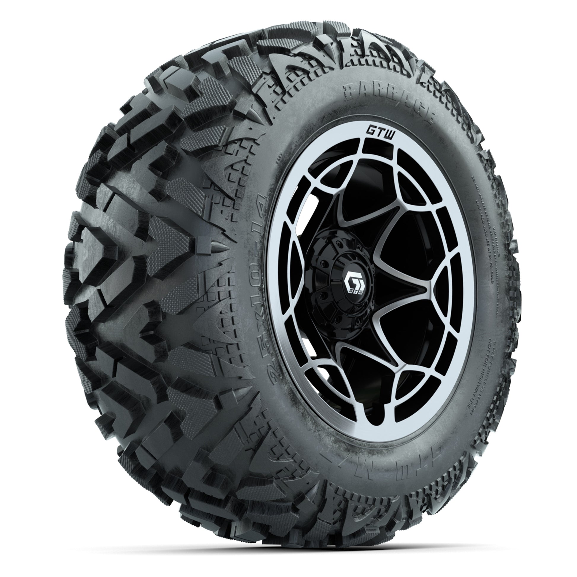GTW Nexus Black/Silver 14 in Wheels with 25x10-14 Barrage Mud Tires – Full Set