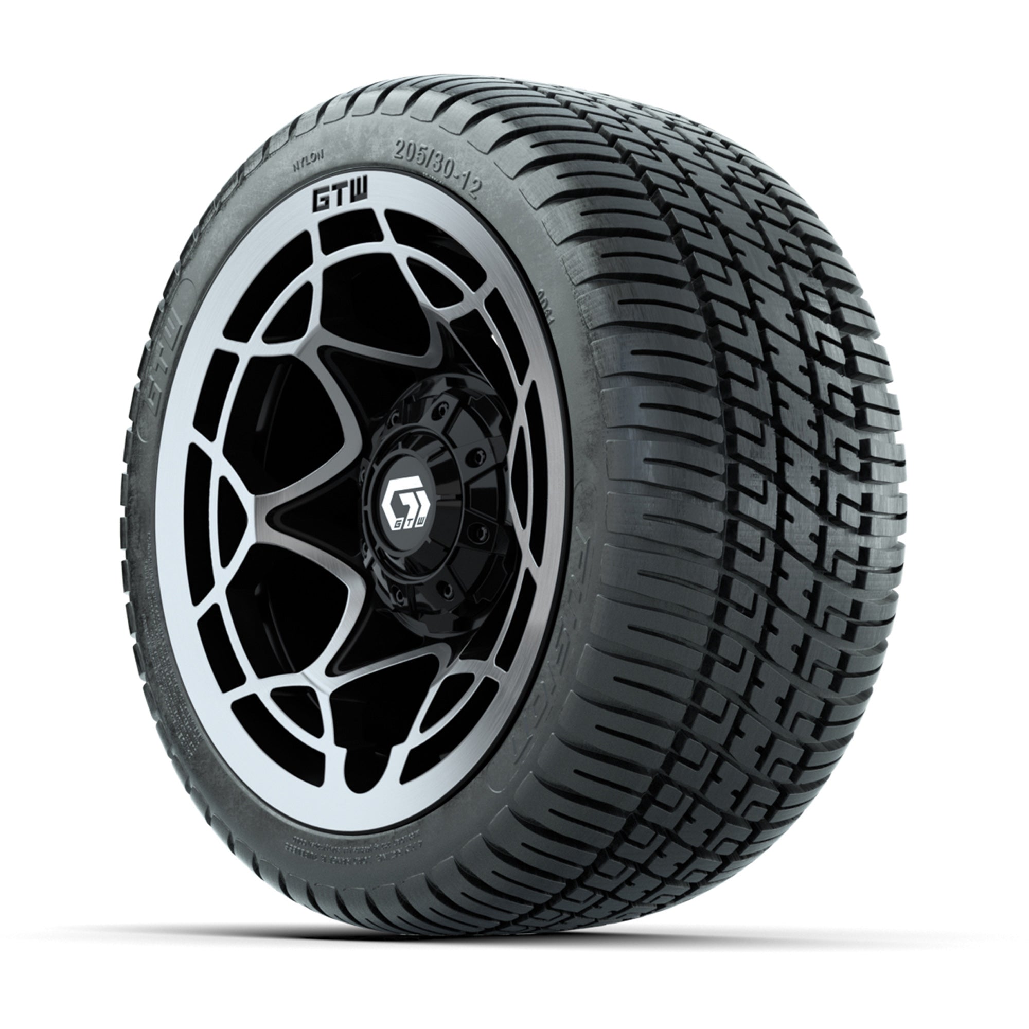 GTW® Nexus Black with Silver Face 12 in Wheels with 205/30-12 Fusion Street Tires – Full Set
