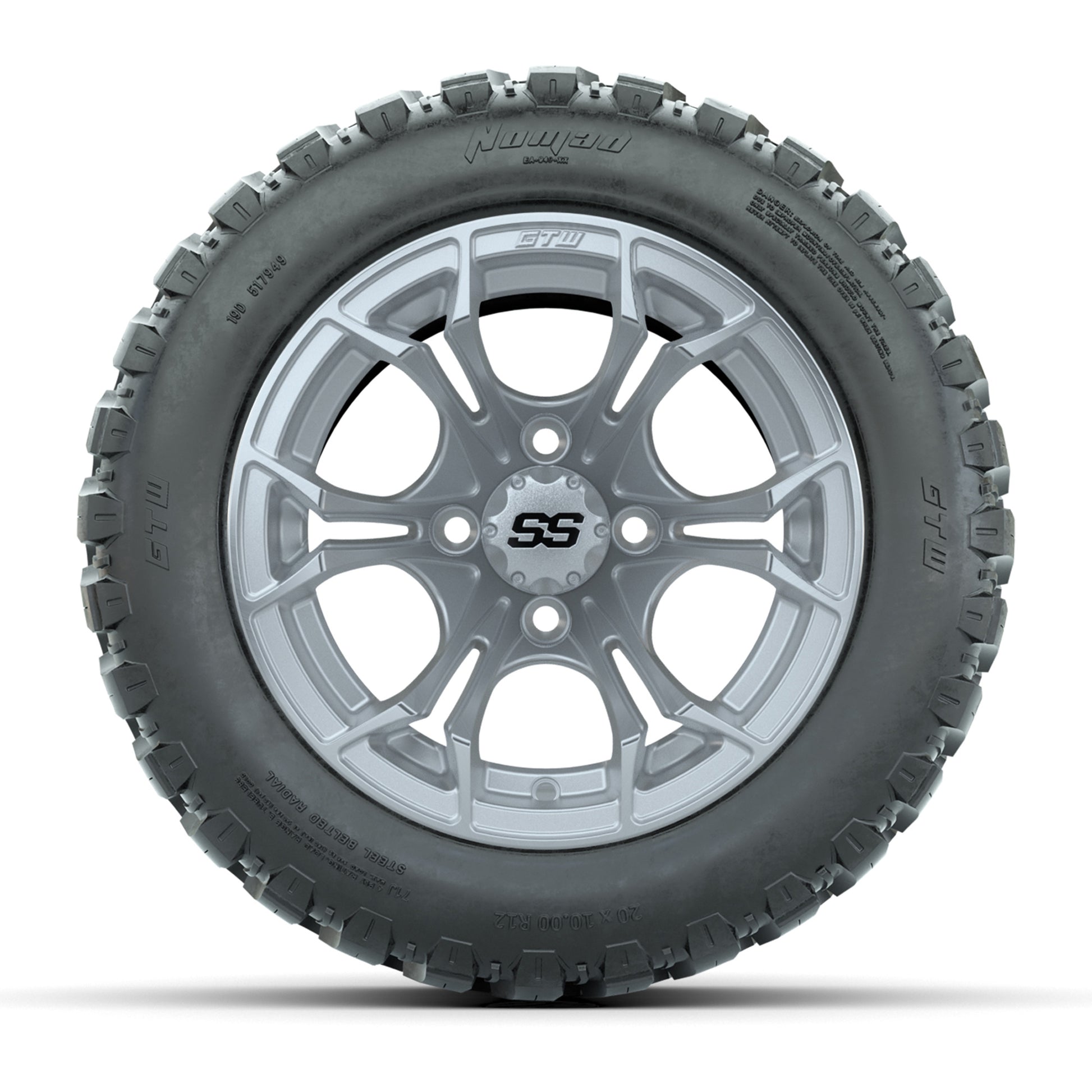 GTW® Spyder Silver Brush 12 in Wheels with 20X10-12 Nomad Steel Belt Radial All-Terrain Tires – Full Set