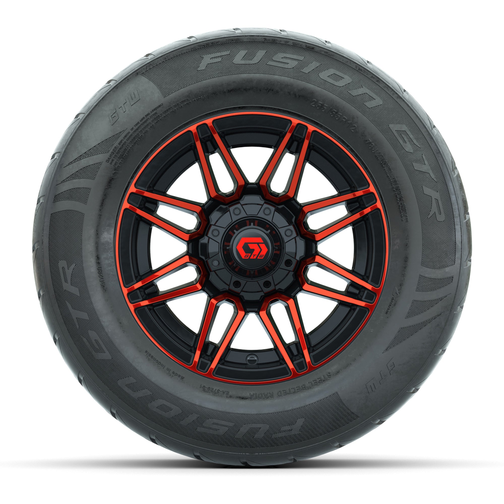 GTW® Stealth Red/Machined 12 in Wheels with 255/55-R12 Fusion GTR Steel Belt Radial Street Tires – Full Set
