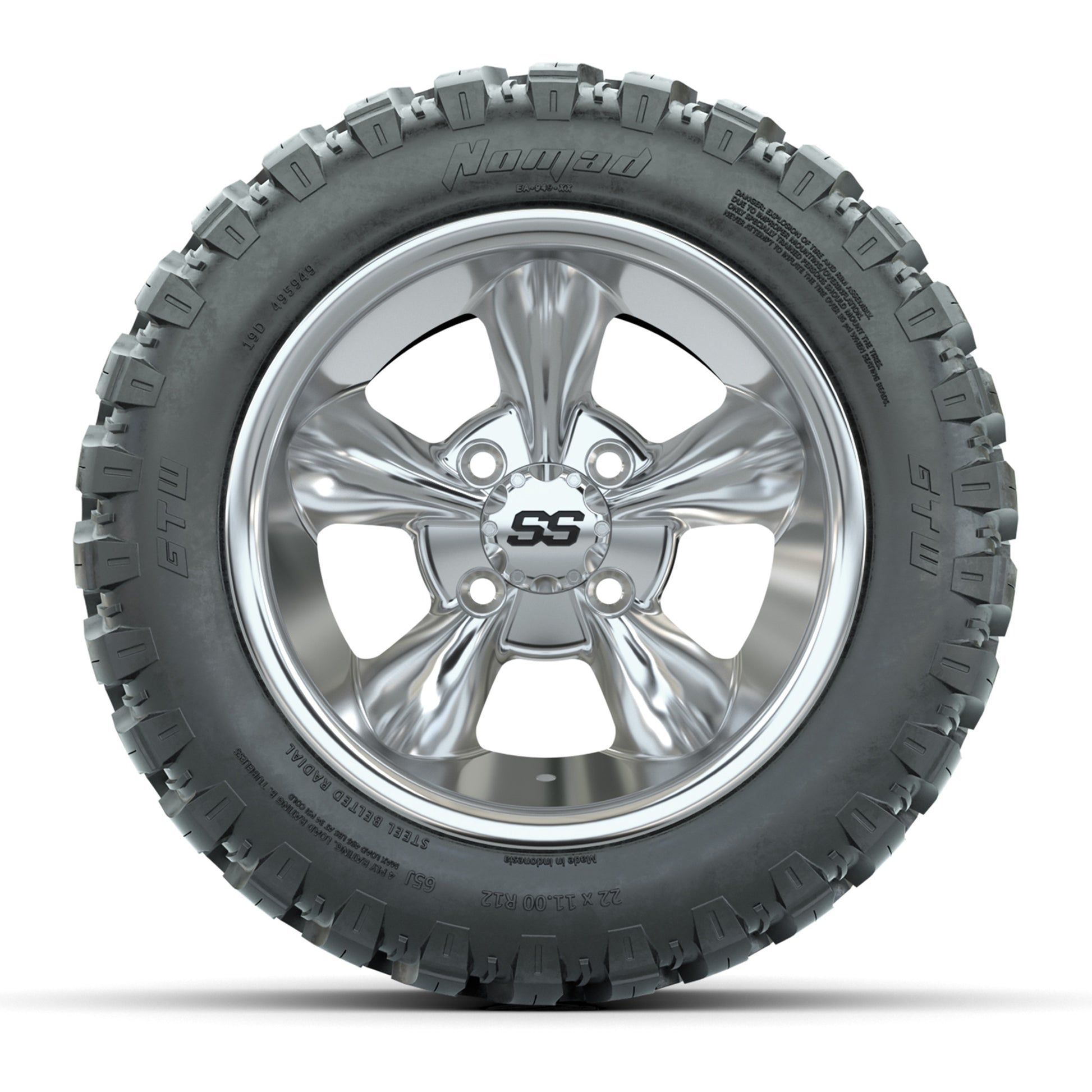 GTW® Godfather Chrome 12 in Wheels with 22X11-R12 Nomad Steel Belt Radial All-Terrain Tires – Full Set