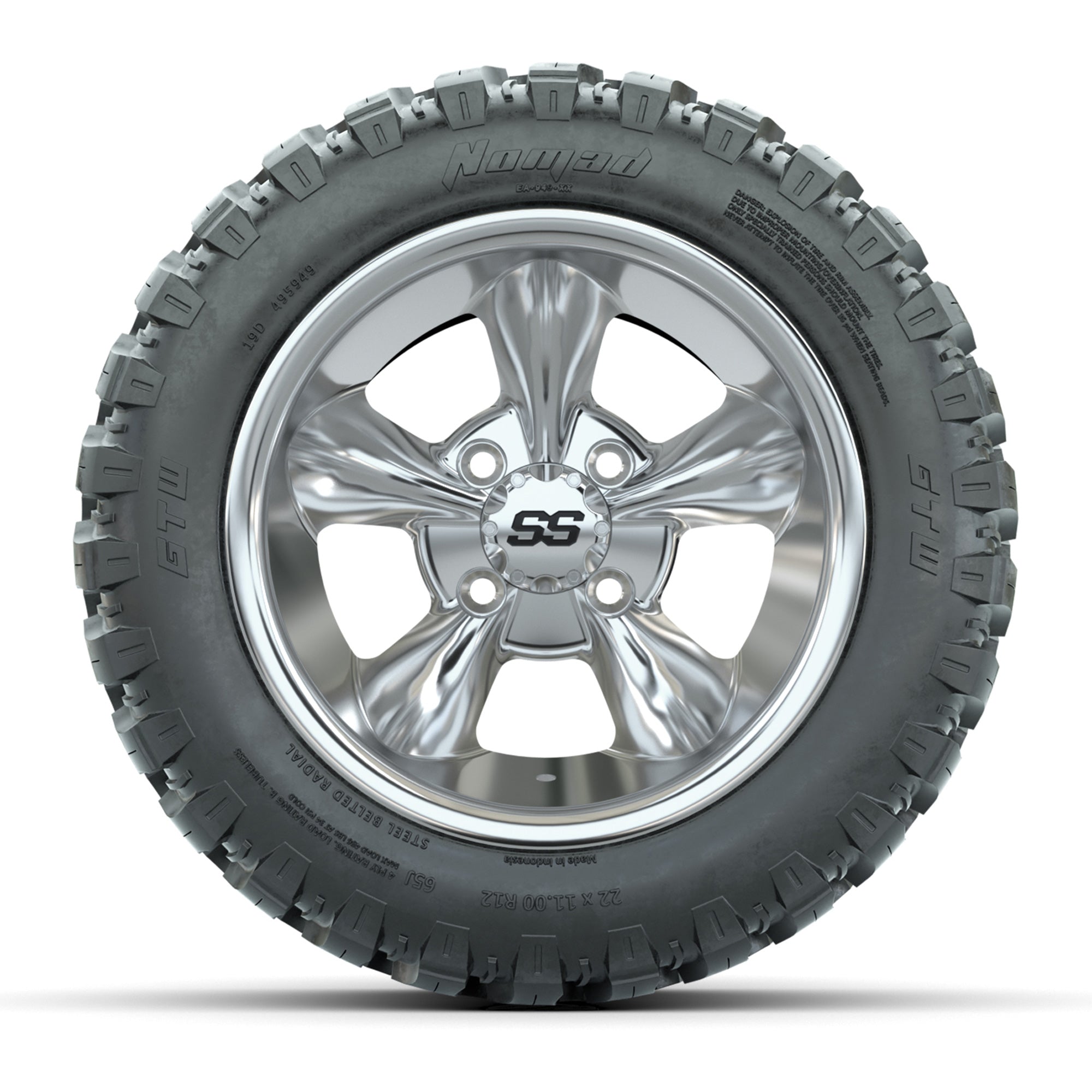 GTW® Godfather Chrome 12 in Wheels with 22X11-R12 Nomad Steel Belt Radial All-Terrain Tires – Full Set