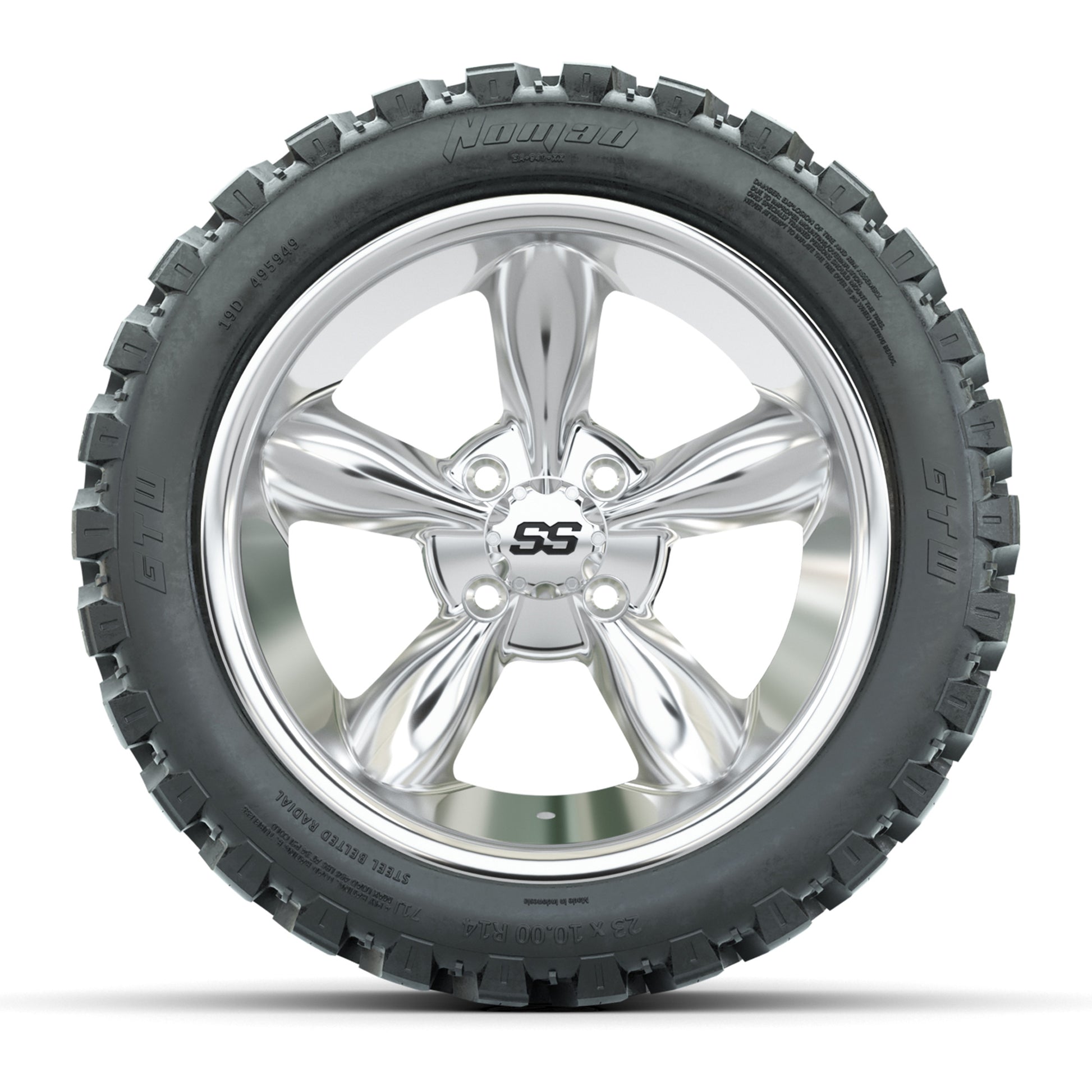 GTW® Godfather Chrome 14 in Wheels with 23X10-R14 Nomad Stee - front view