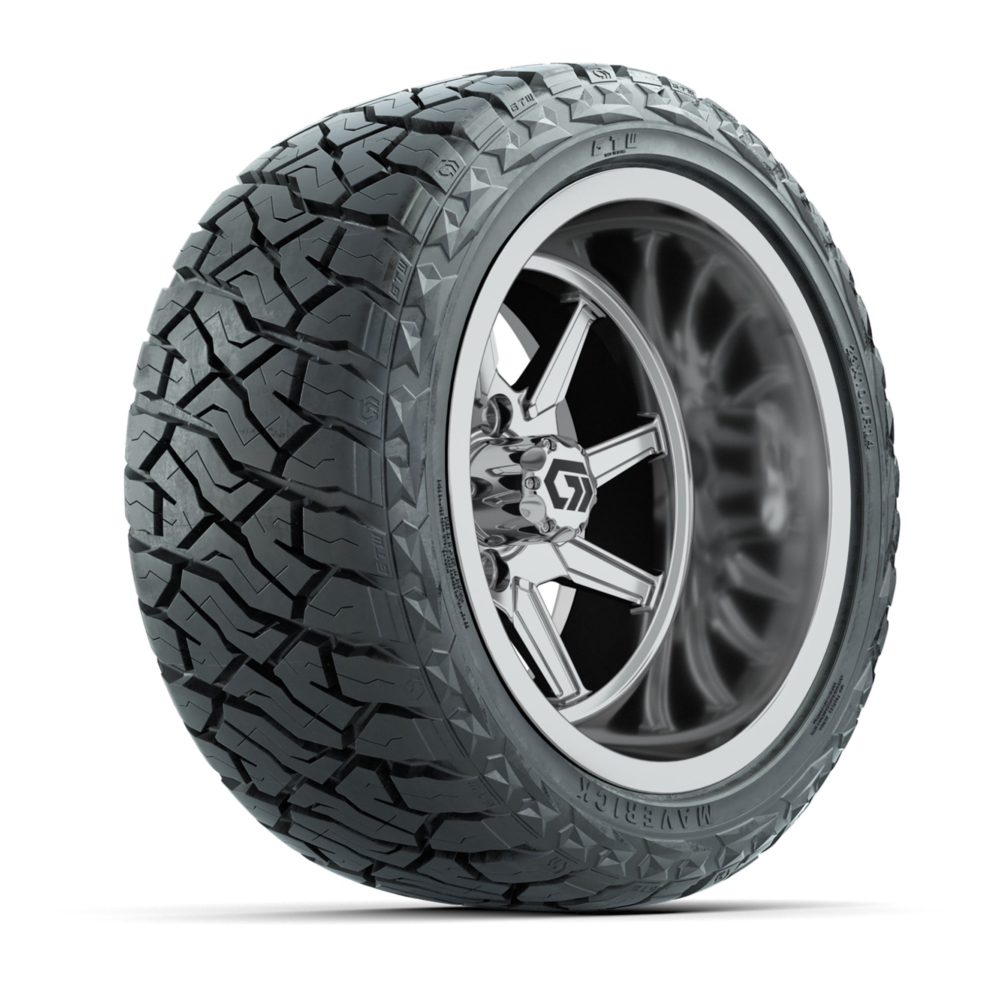 GTW Reaper Chrome 14 in Wheels with 23X10-R14 Maverick Steel Belted Radial All-Terrain Tires – Full Set