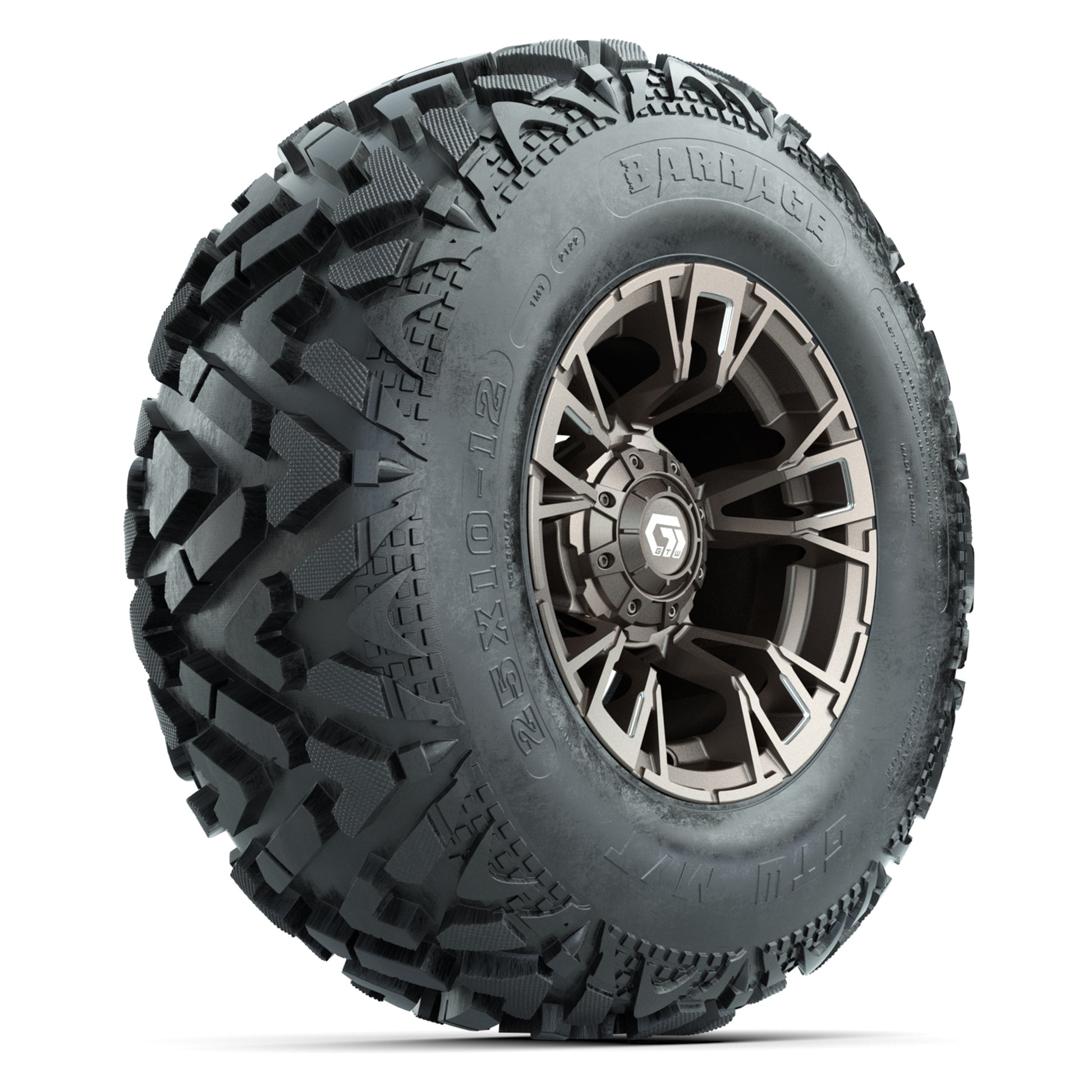 GTW® Vandal Bronze/Machined 12 in Wheels with 25X10-12 Barrage Mud Tires – Full Set
