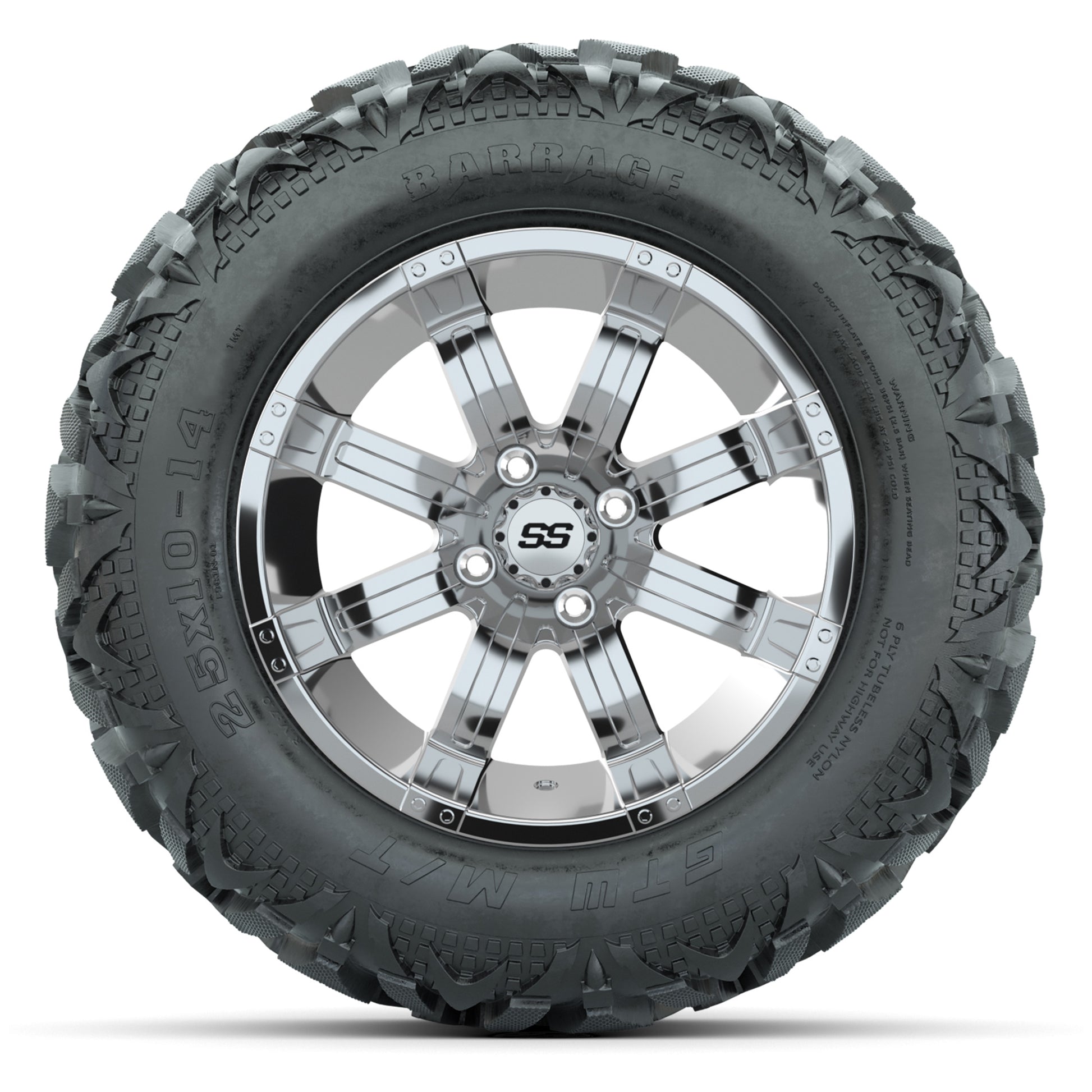 GTW Tempest Chrome 14 in Wheels with 25x10-14 Barrage Mud Ti - front view