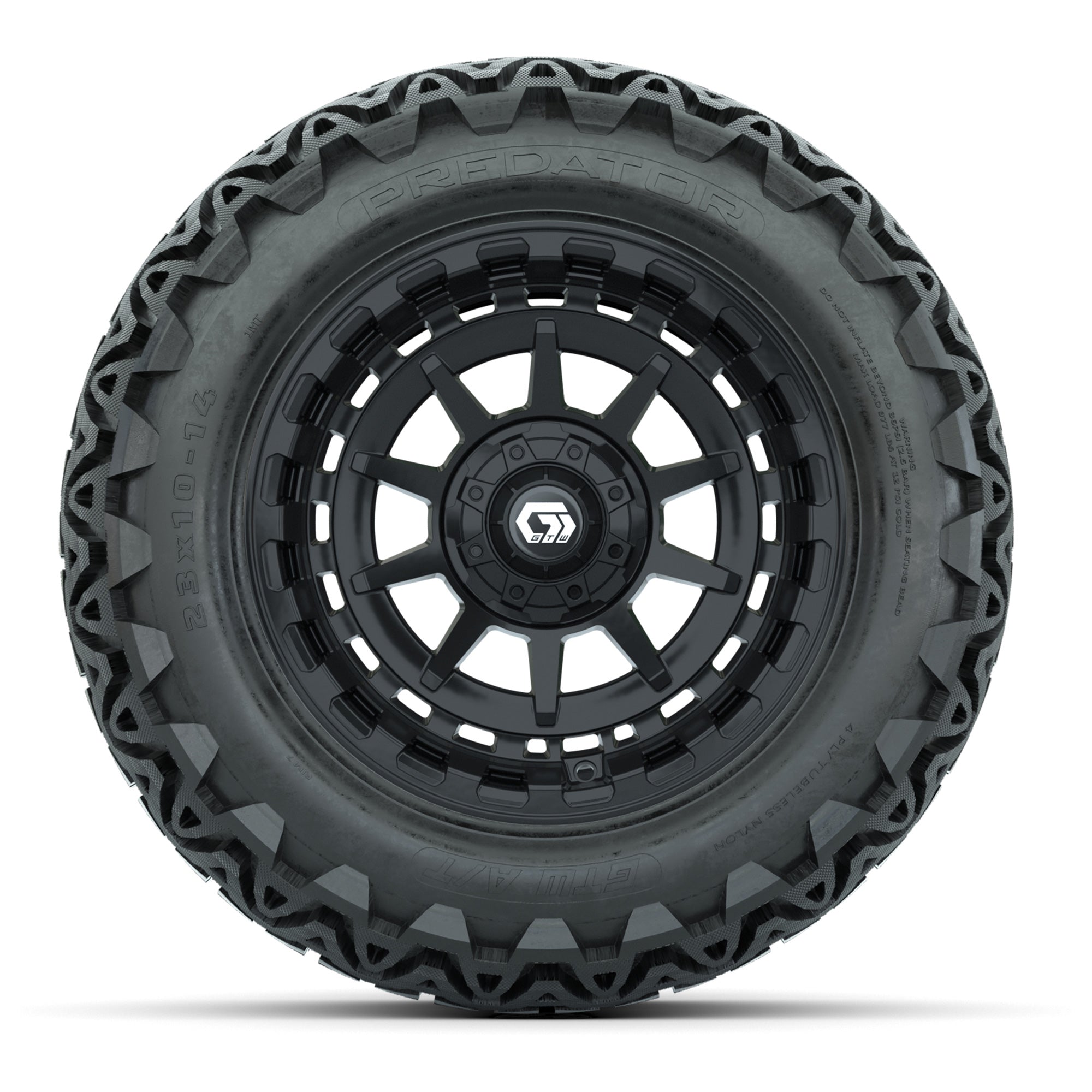 GTW® Barricade Gloss Black 14 in Wheels with 23x10-14 Predat - 3/4 view