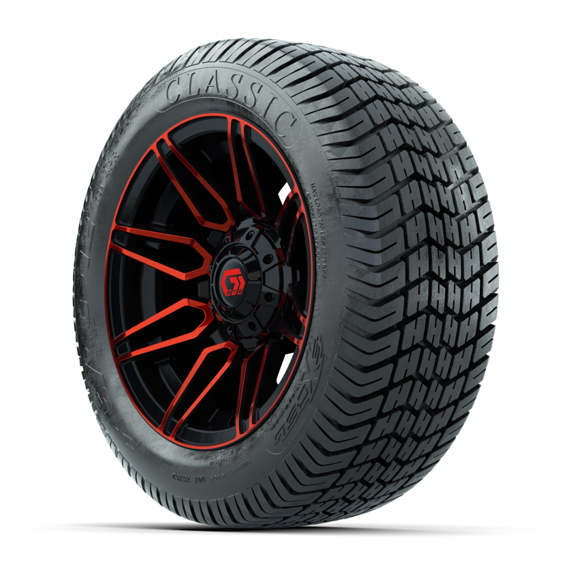 GTW® Stealth Red/Machined 12 in Wheels with 215/40-12 Excel Classic Street Tires – Full Set