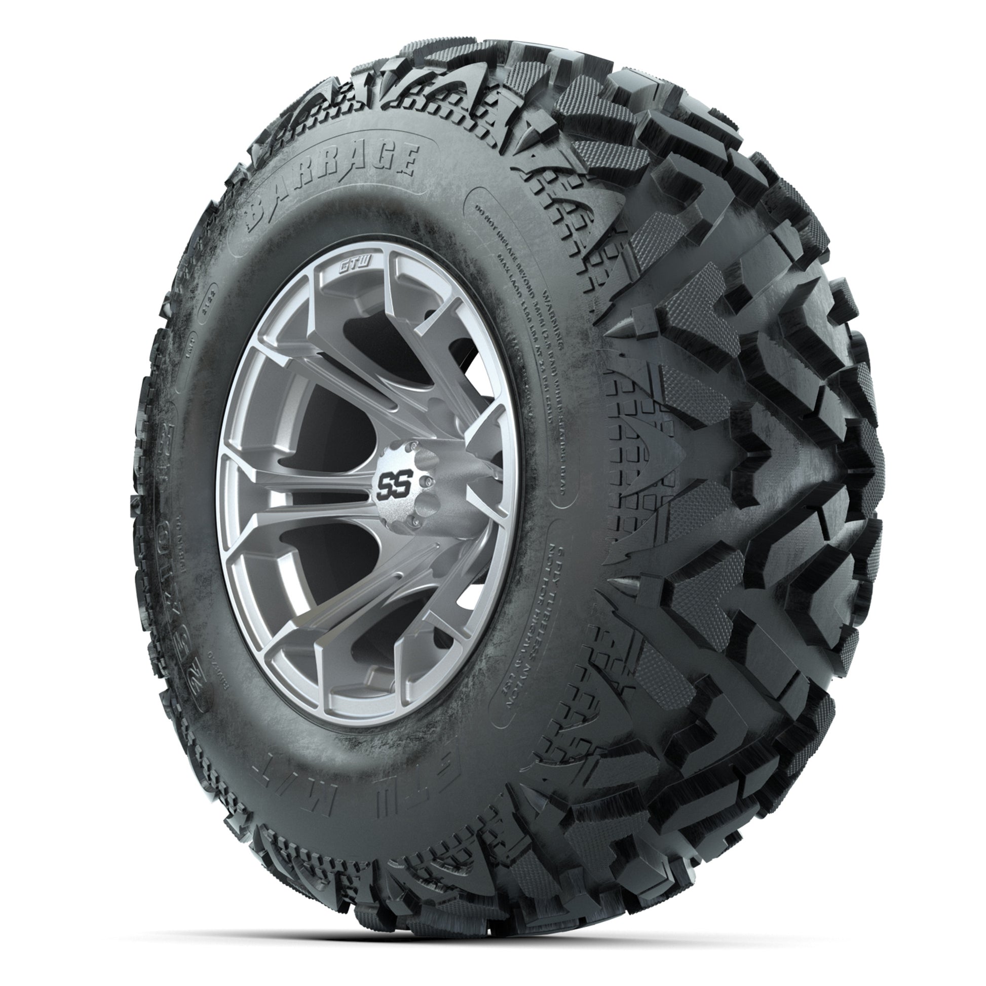 GTW® Spyder Silver Brush 12 in Wheels with 25X10-12 Barrage Mud Tires – Full Set