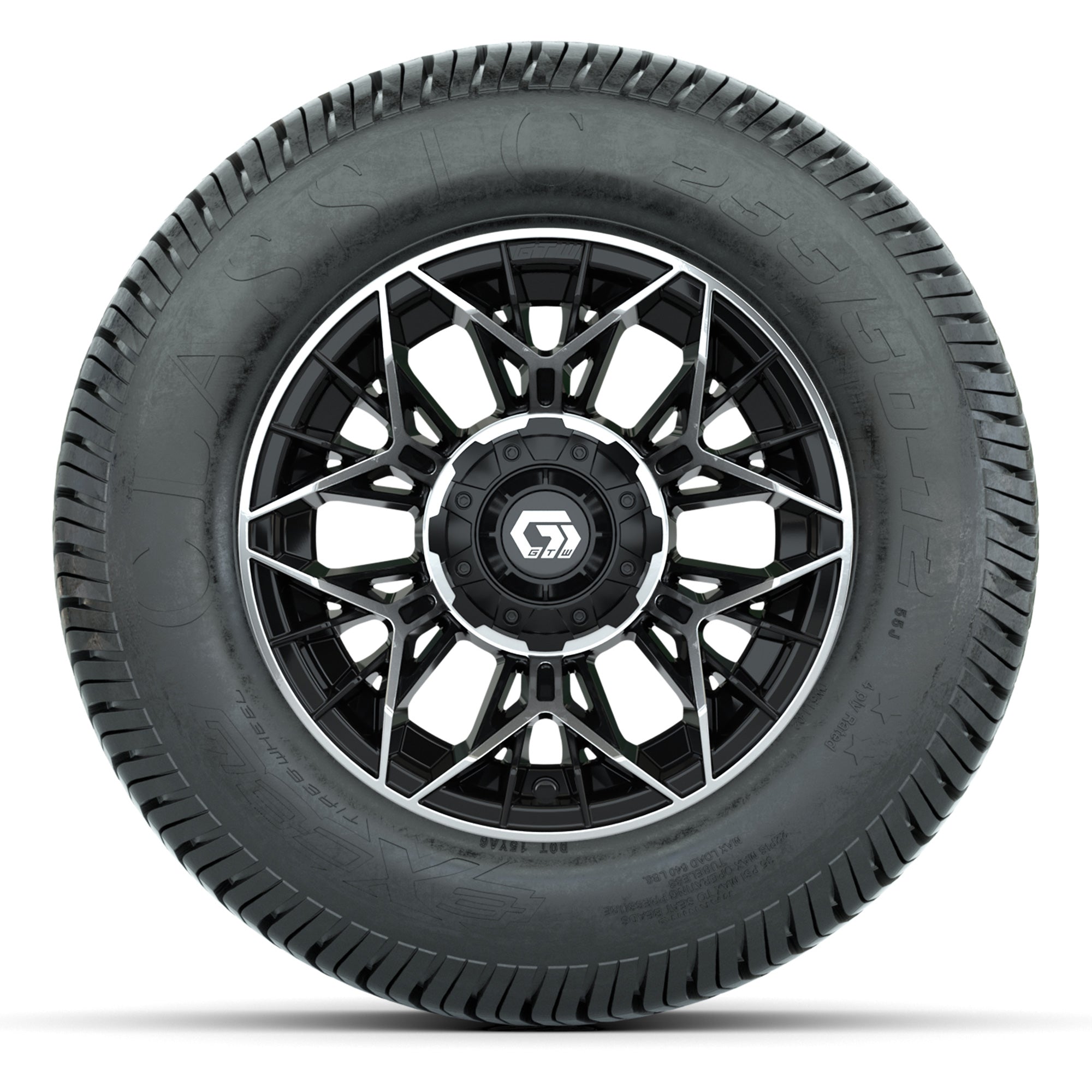 GTW® Stellar Black/Machined 12 in Wheels with 255/50-12 Excel Classic Street Tires – Full Set