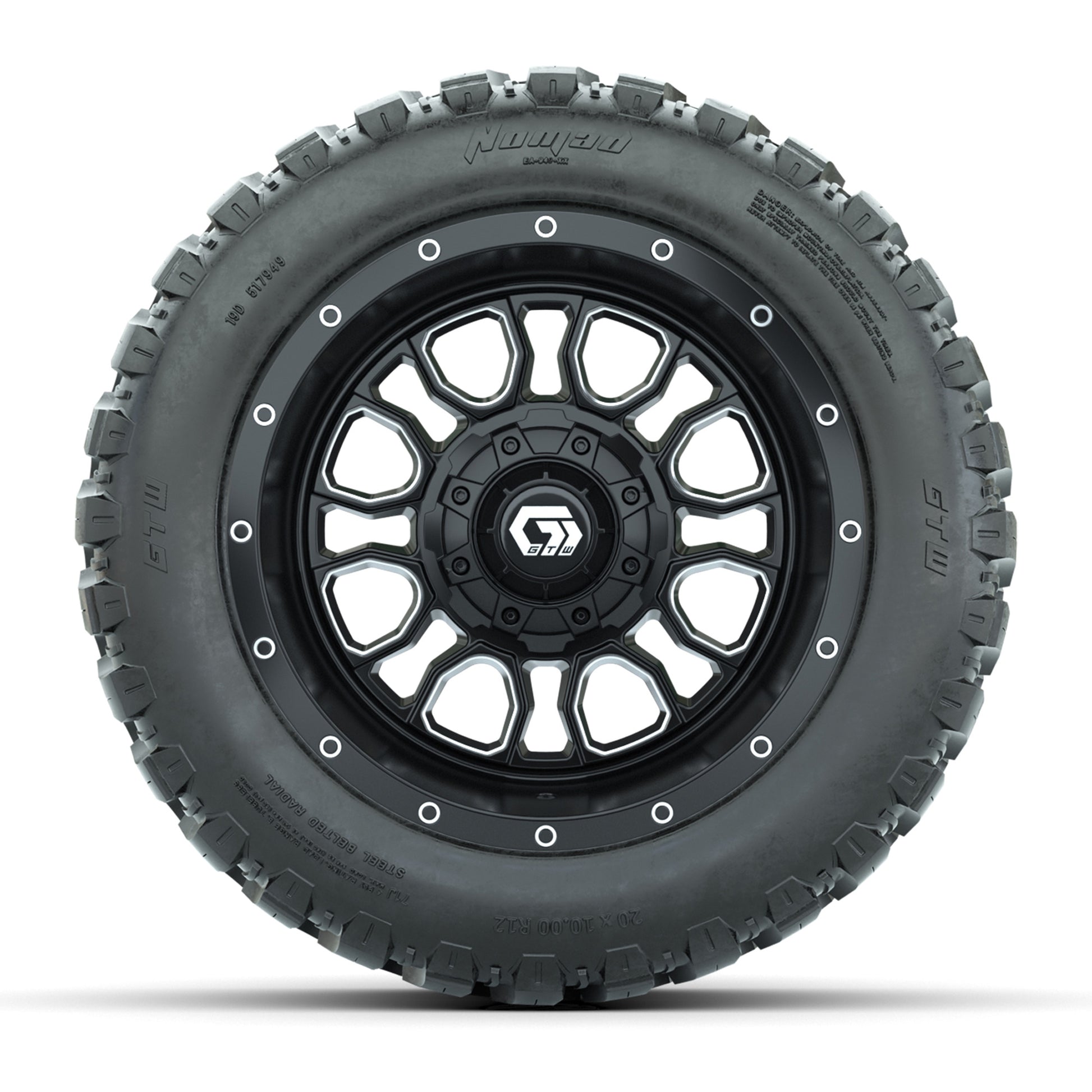 GTW® Volt Black/Machined 12 in Wheels with 20X10-12 Nomad Steel Belt Radial All-Terrain Tires – Full Set