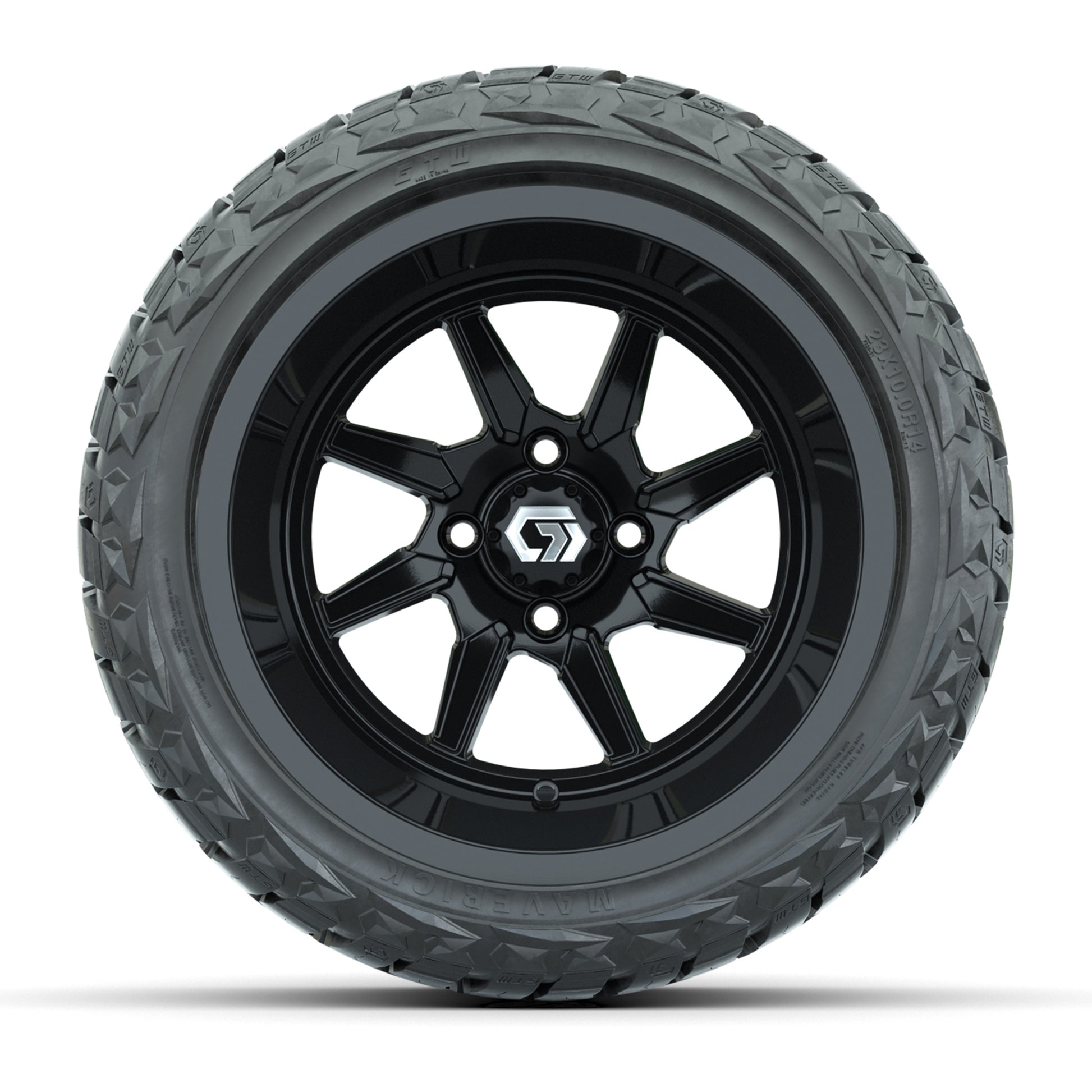 GTW Reaper Gloss Black 14 in Wheels with 23X10-R14 Maverick Steel Belted Radial All-Terrain Tires – Full Set