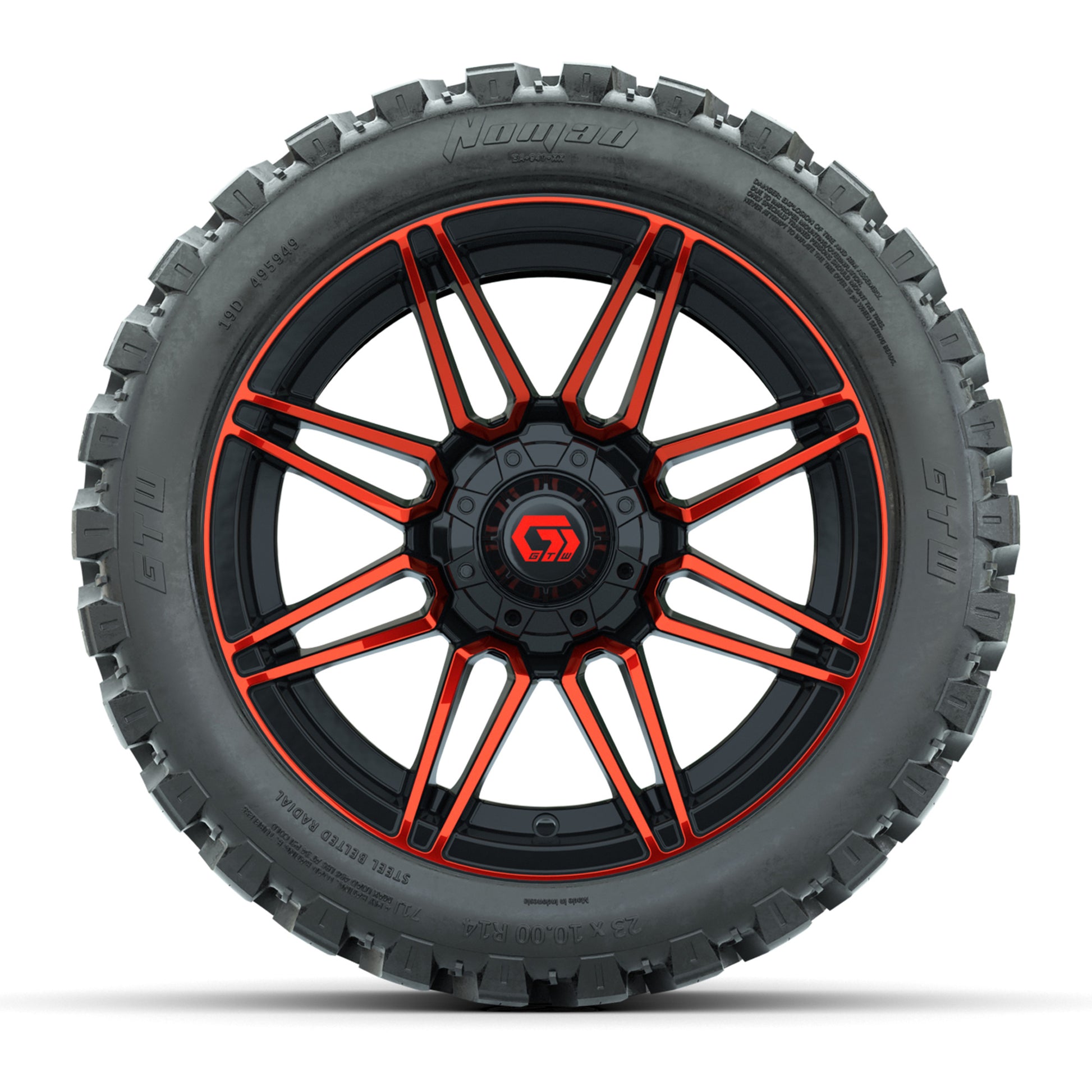 GTW® Stealth Red/Machined 14 in Wheels with 23X10-R14 Nomad  - front view