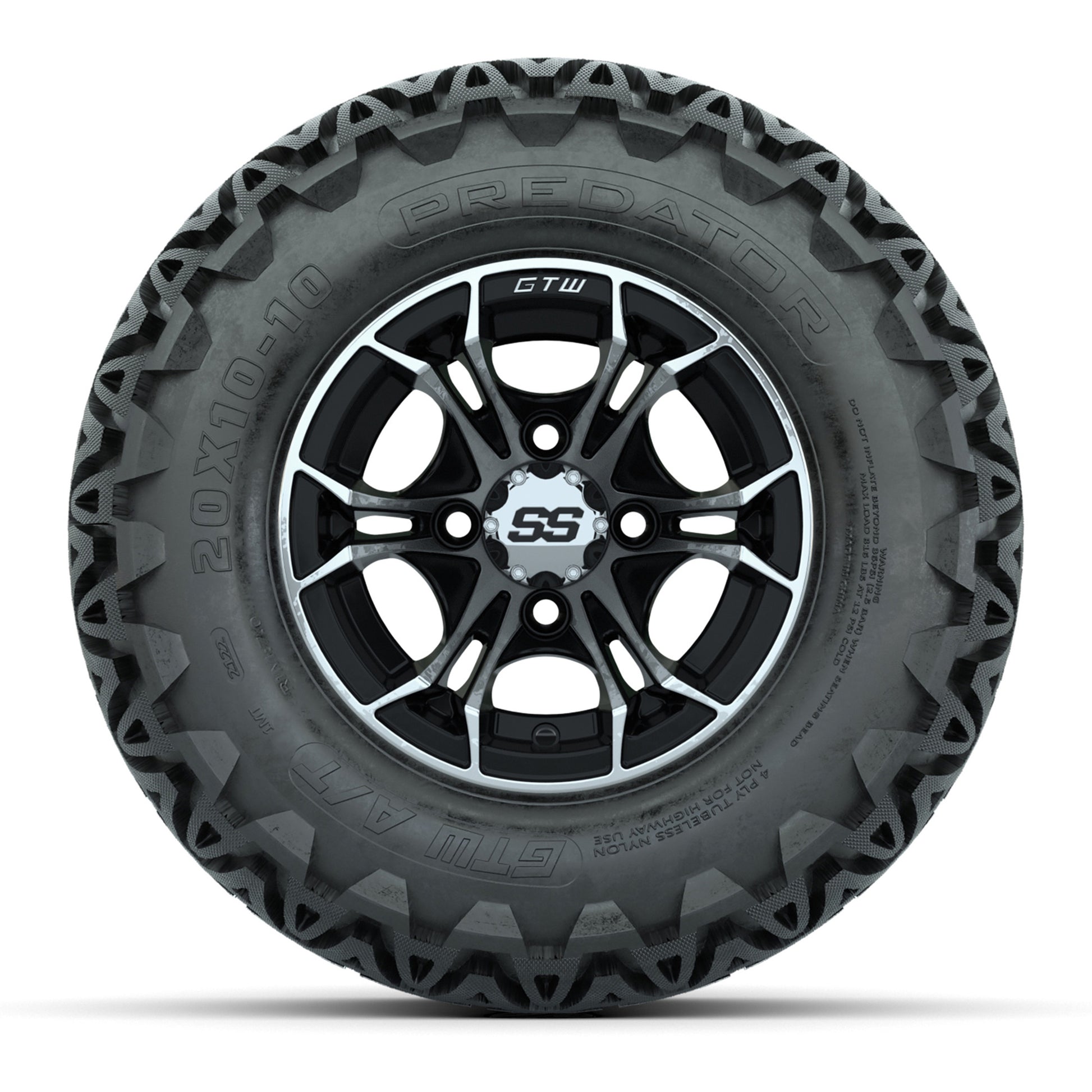GTW Spyder Machined/Black 10 in Wheels with 20x10-10 Predator All Terrain Tires – Full Set