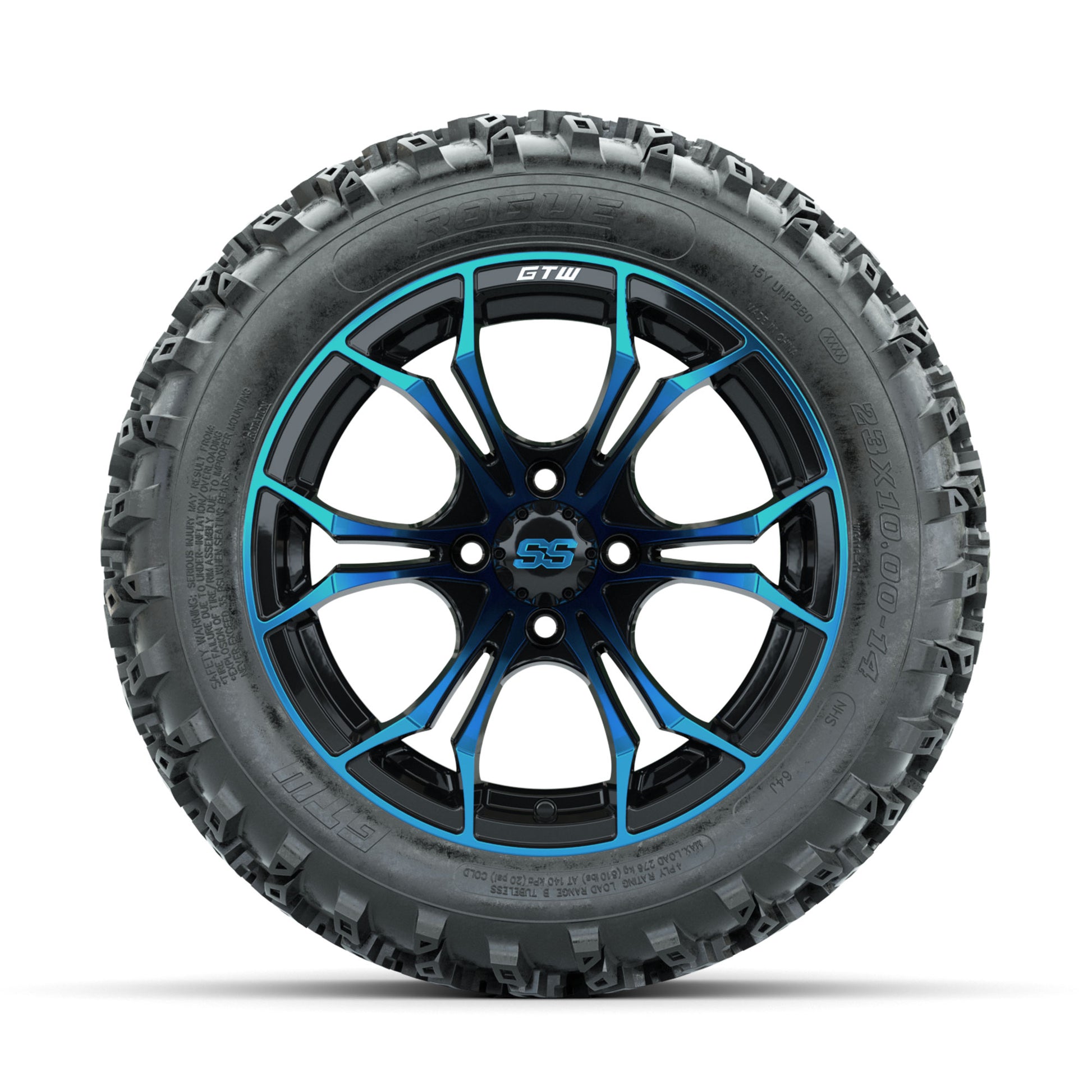 GTW Spyder Blue/Black 14 in Wheels with 23x10.00-14 Rogue Al - front view