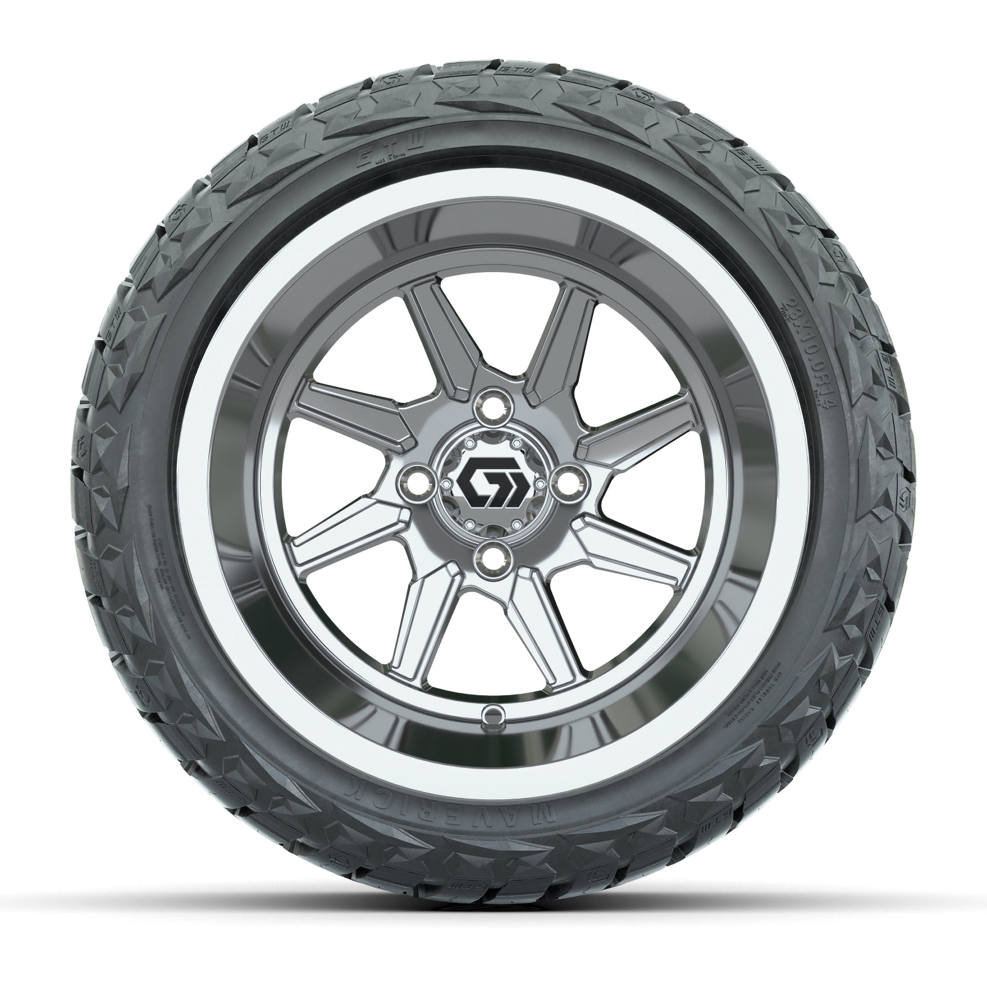 GTW Reaper Chrome 14 in Wheels with 23X10-R14 Maverick Steel Belted Radial All-Terrain Tires – Full Set