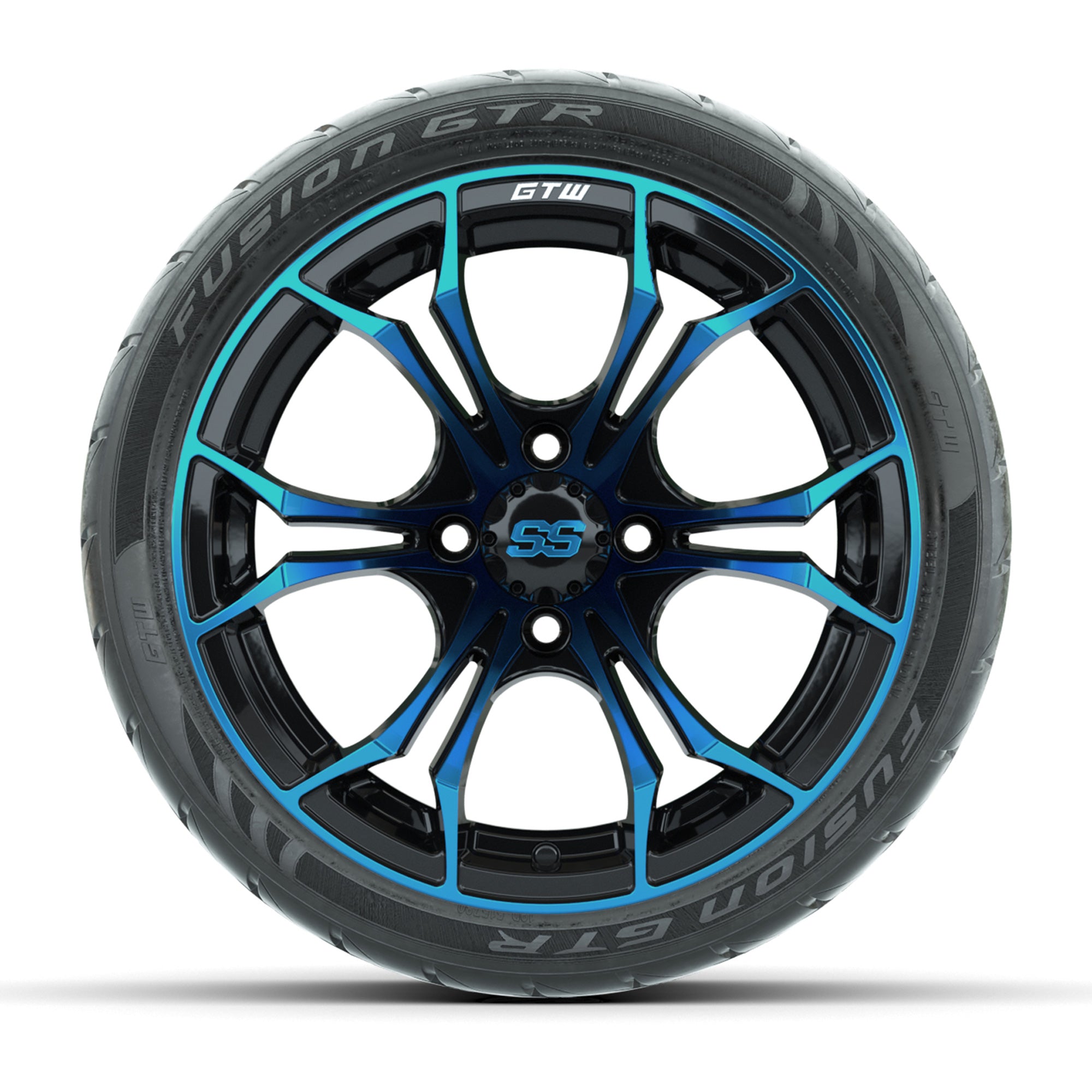 GTW® Spyder Black/Blue 14 in Wheels with 205/40-R14 Fusion G - 3/4 view